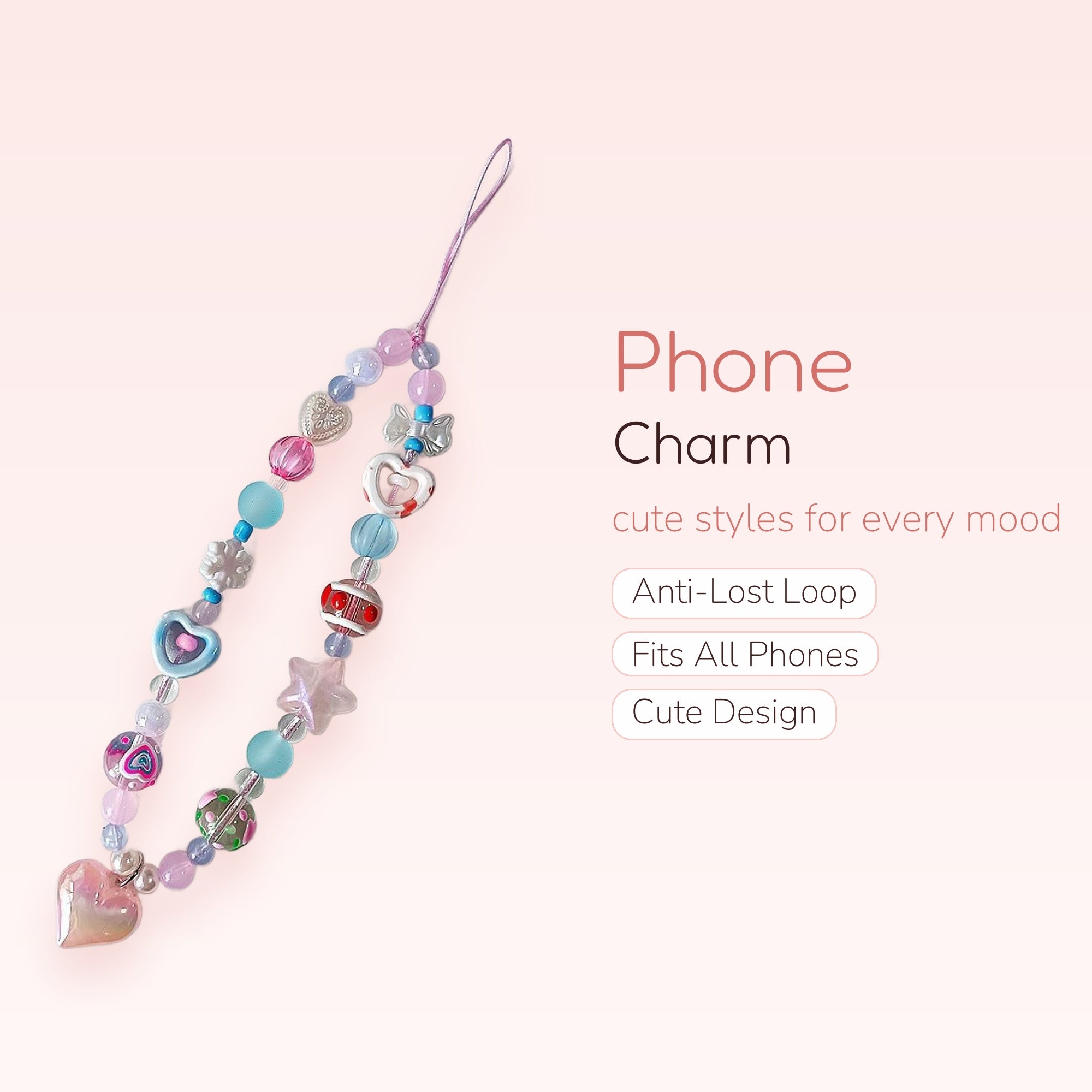Pastel Beaded Phone Charm Strap | Kawaii Heart & Star Wrist Lanyard
