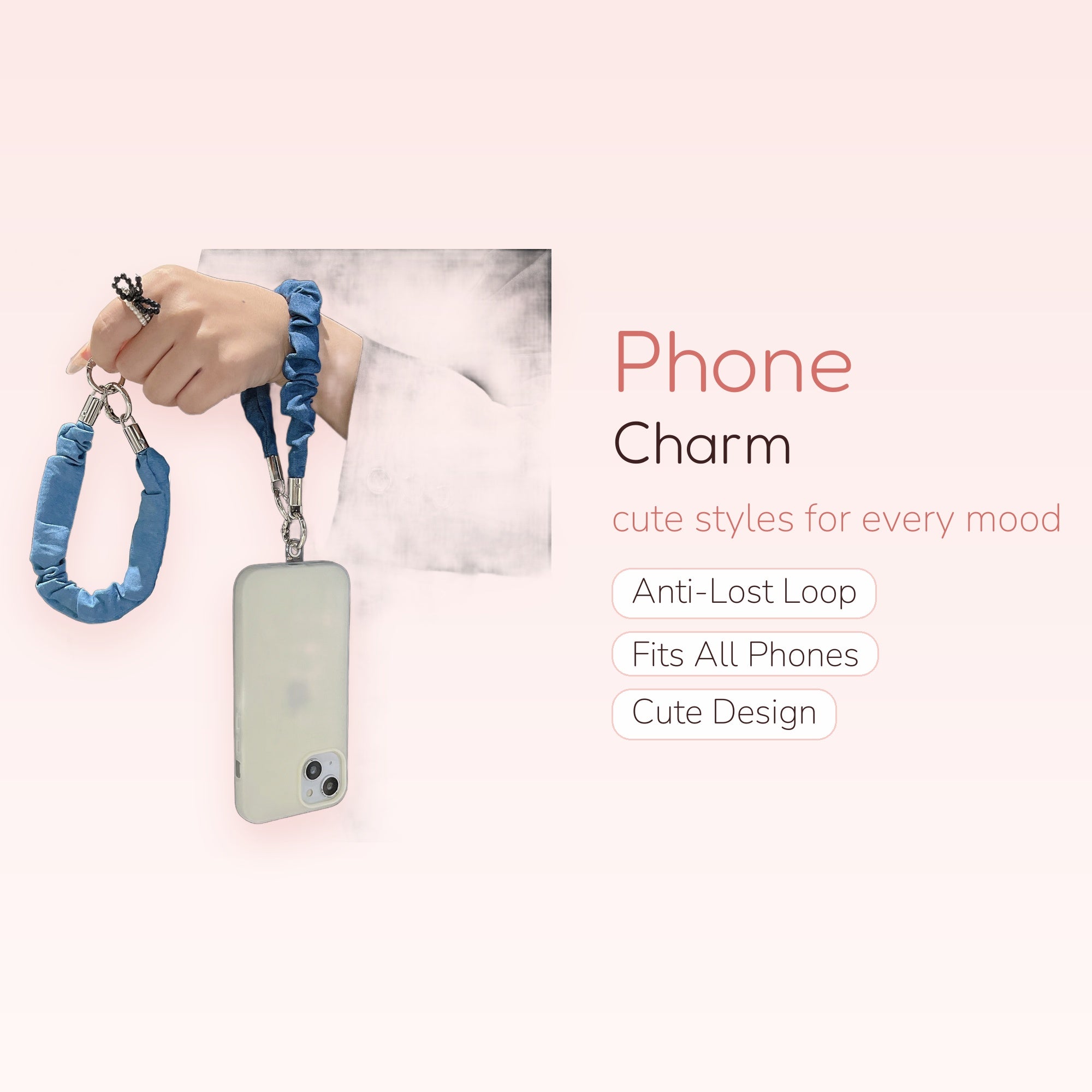 Blue Scrunchie Phone Charm Wristlet | Aesthetic Denim-Look Phone Strap
