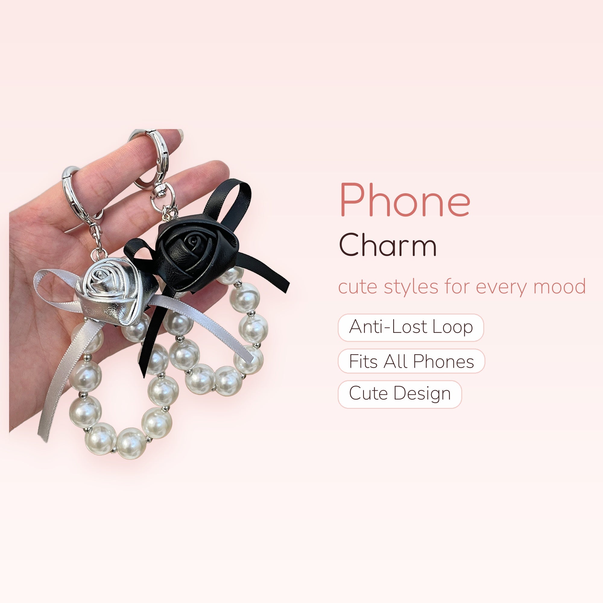 Aesthetic Black & Silver Rose Pearl Phone Charm | Elegant Beaded Wrist Strap