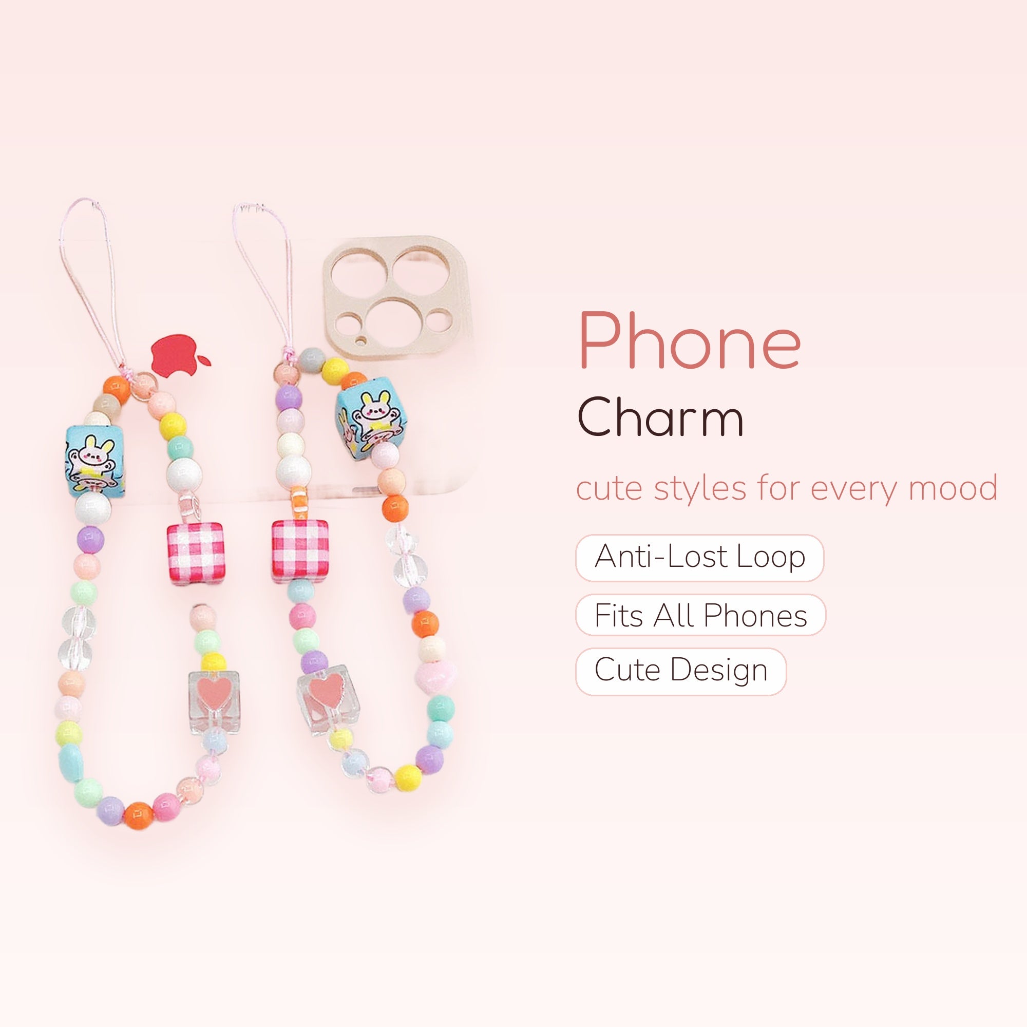 Kawaii Pastel Beaded Phone Charm Strap | Cute Bunny & Gingham Wrist Lanyard