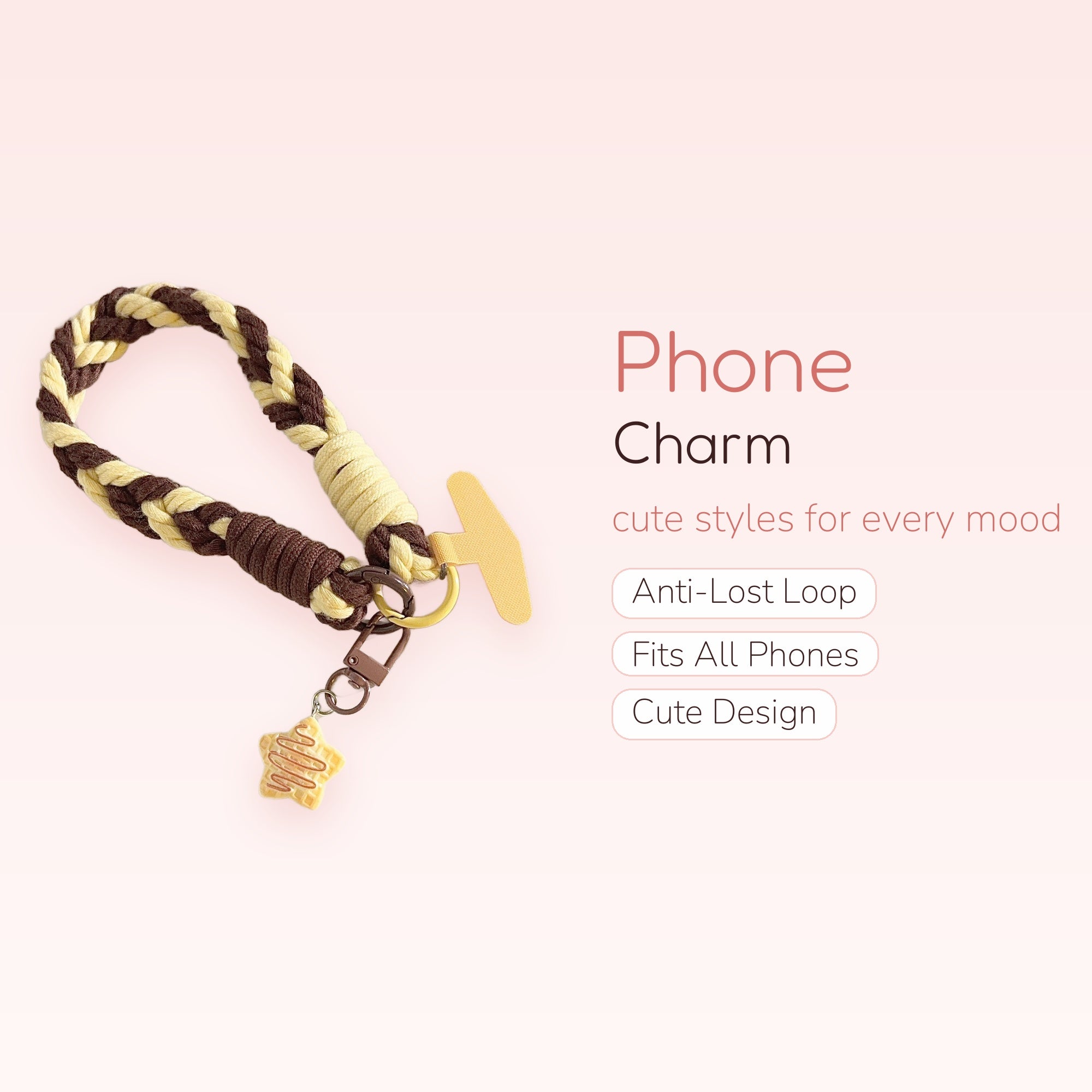 Braided Brown & Cream Phone Charm Strap | Cute Star Waffle Wrist Lanyard