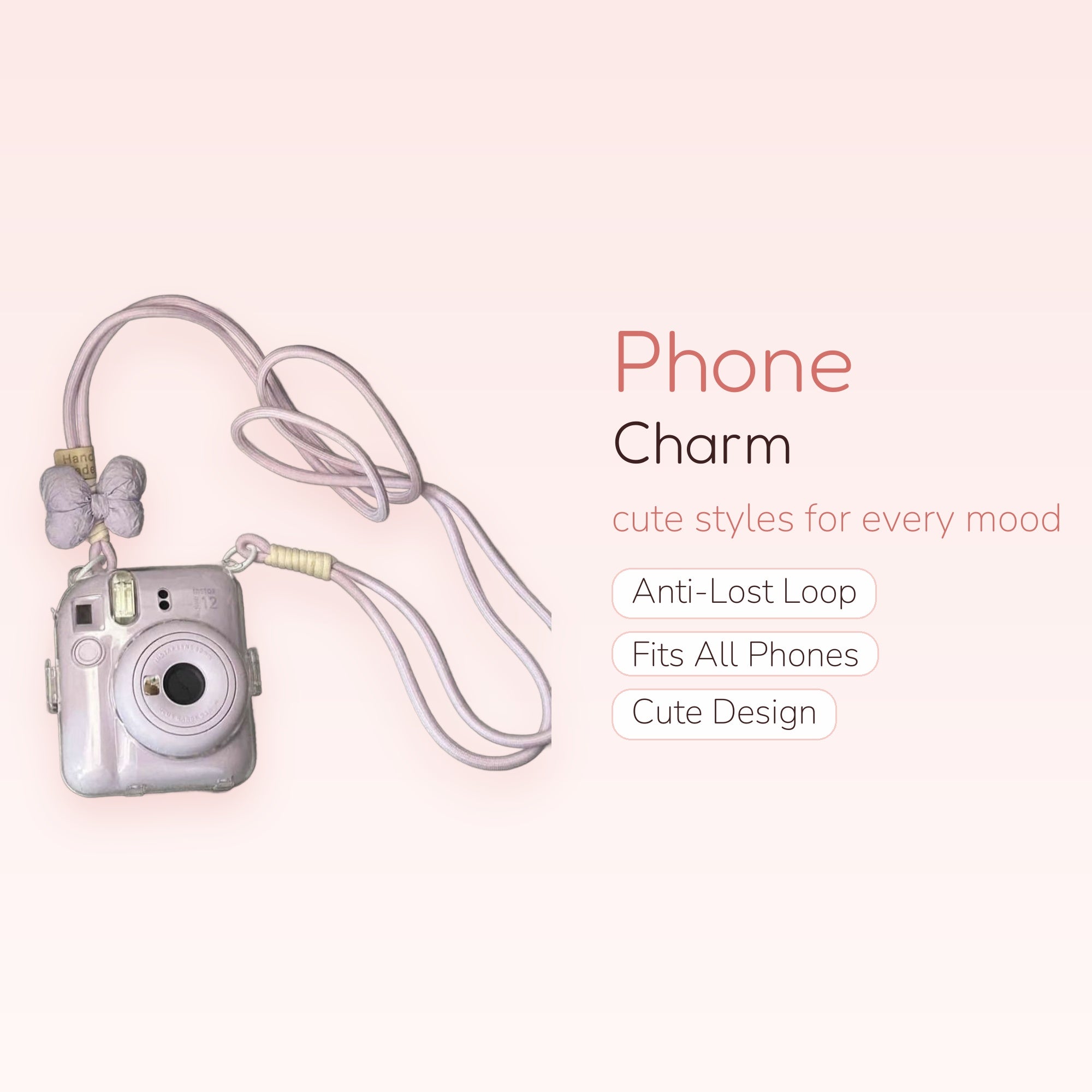 Lilac Bow & Handmade Tag Camera Lanyard | Cute Pastel Instax Mini Strap