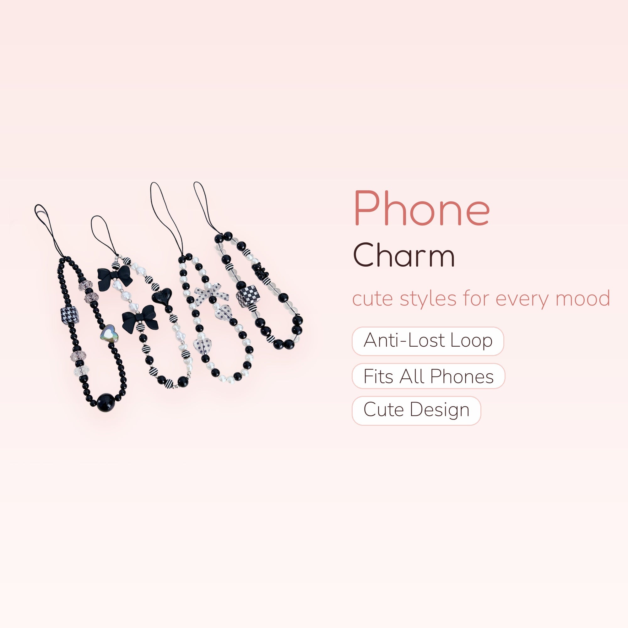 Aesthetic Black & White Beaded Phone Charm Strap | Kawaii Bow & Heart Wrist Lanyard