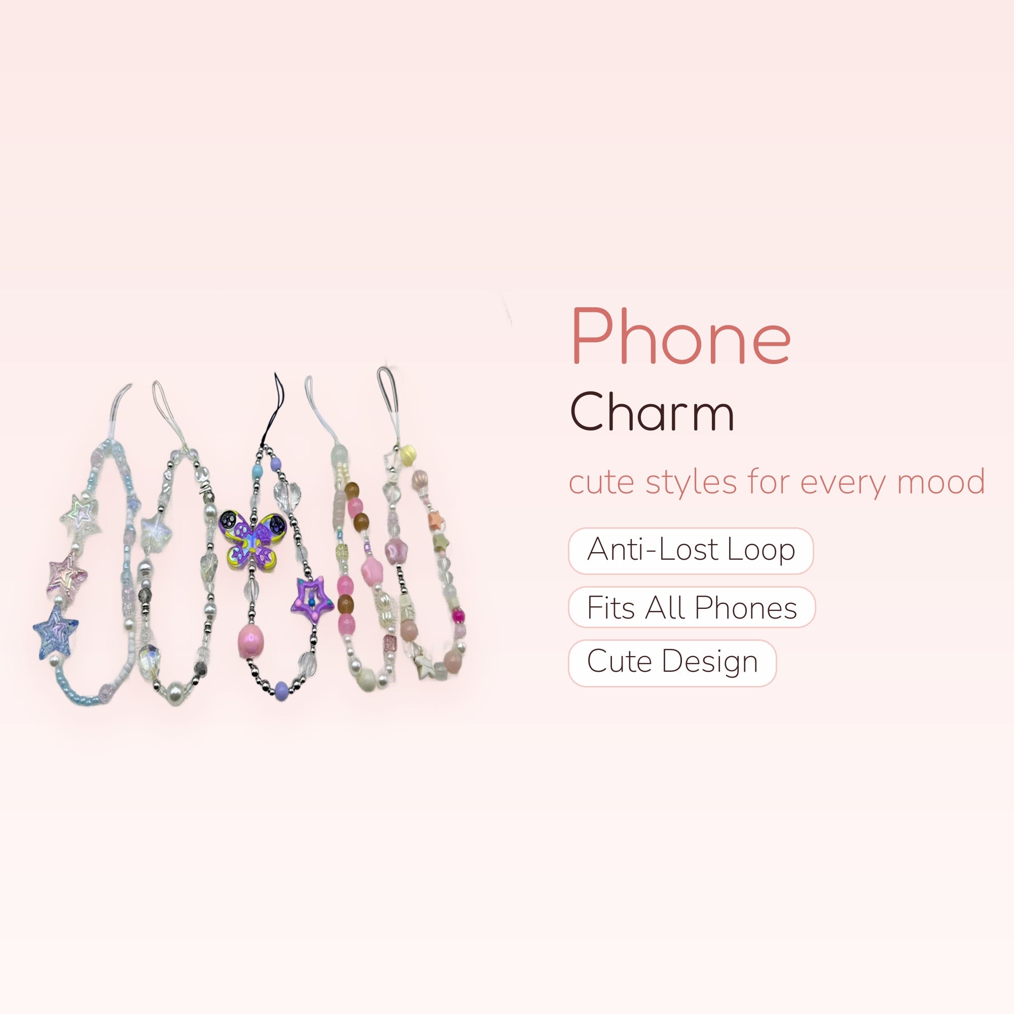 Y2K Beaded Phone Charm Straps | Pastel Star & Butterfly Wrist Lanyards