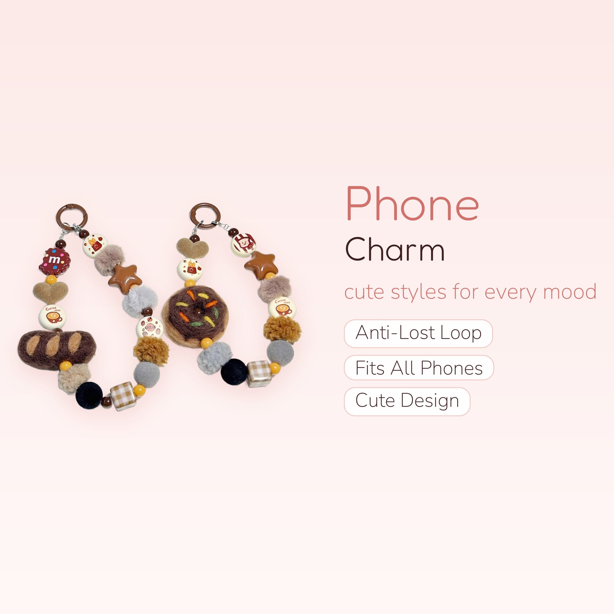 Kawaii Brown Donut & Bread Phone Charm | Aesthetic Coffee Time Beaded Wrist Strap