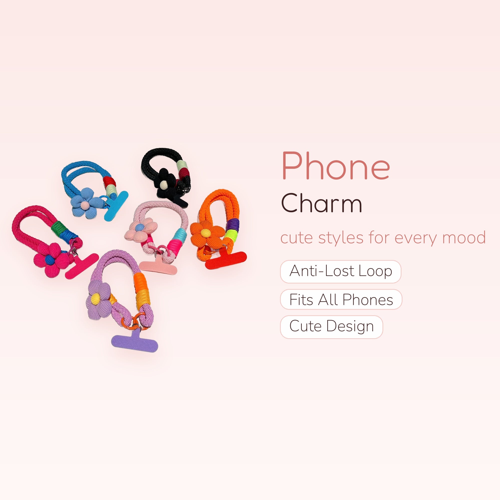 Cute Braided Rope Phone Charm Wristlet with Flower | Colorful Lanyard Strap