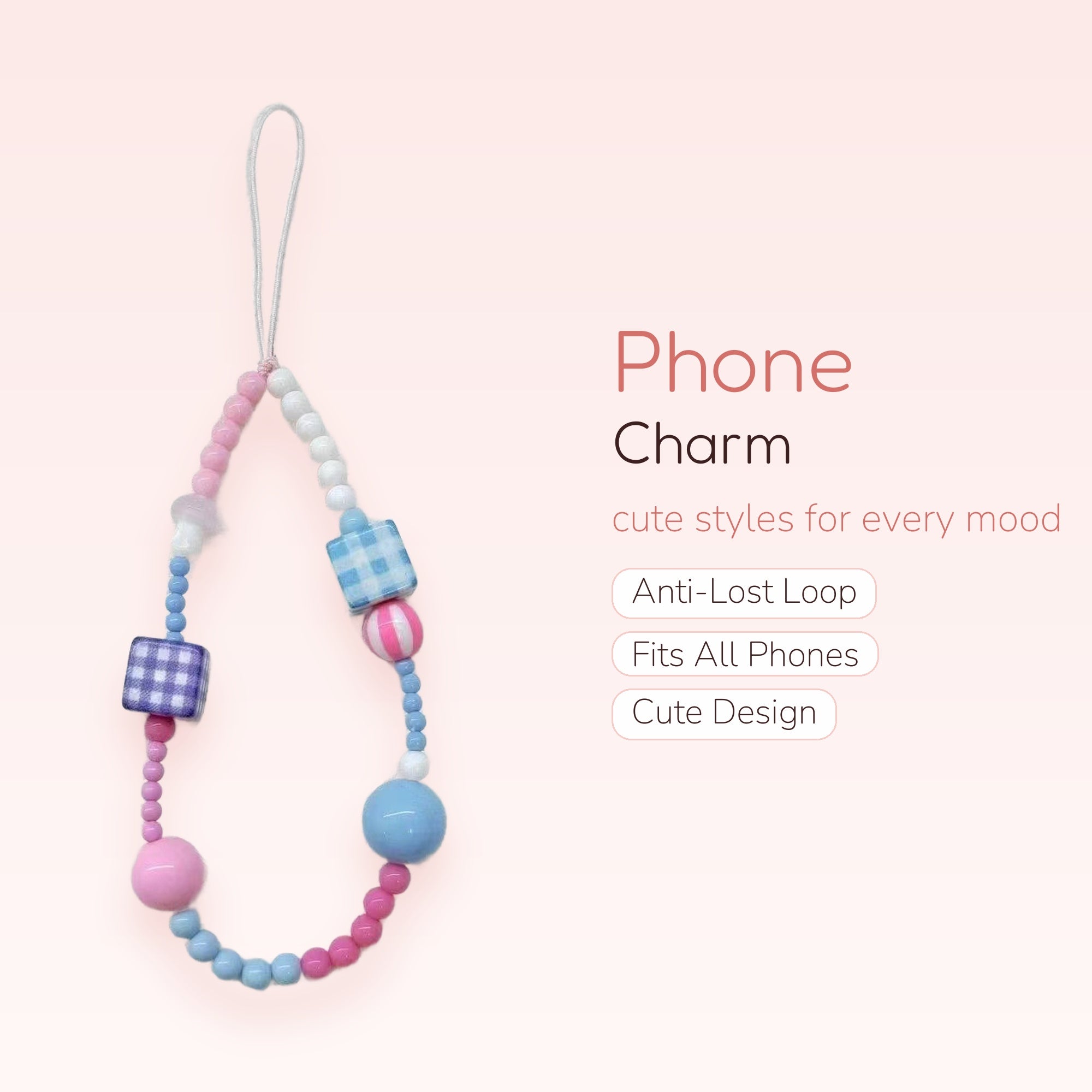 Pastel Gingham Cube & Round Bead Phone Charm | Kawaii Beaded Wrist Lanyard