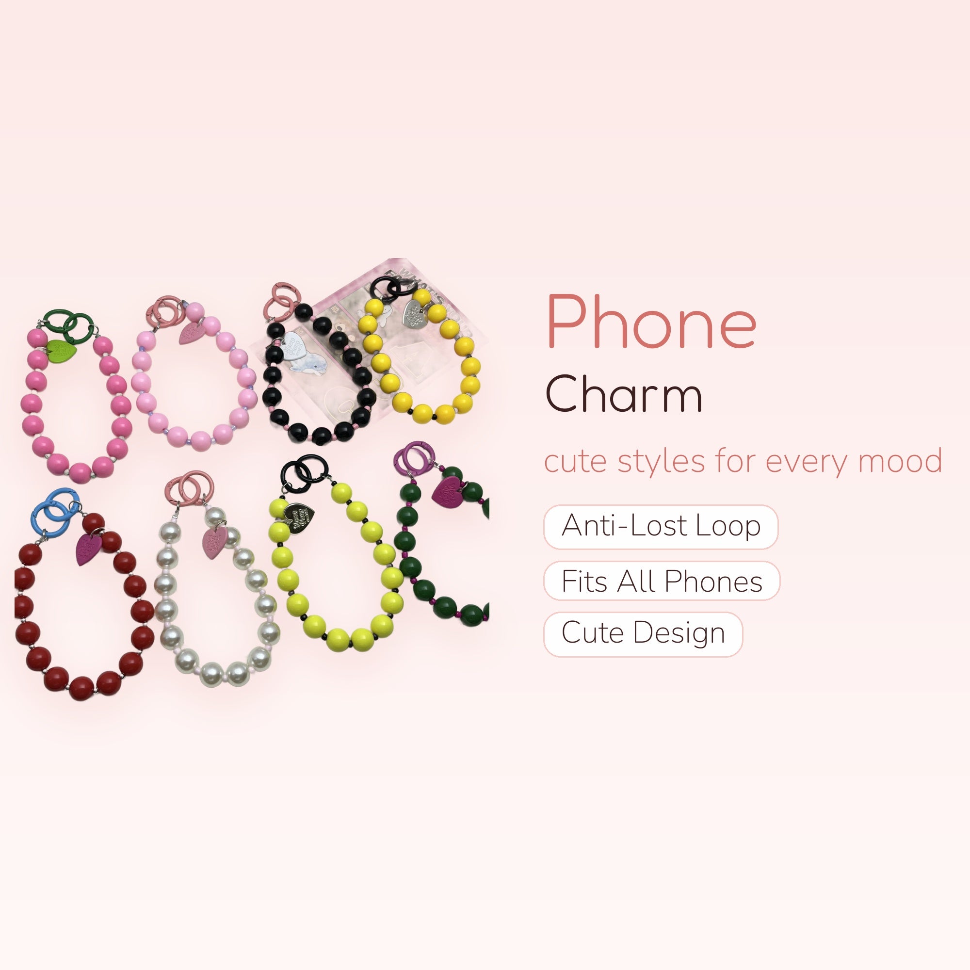 Kawaii Beaded Phone Charm Strap with Heart Charms | Y2K Pastel & Bright Wrist Lanyard