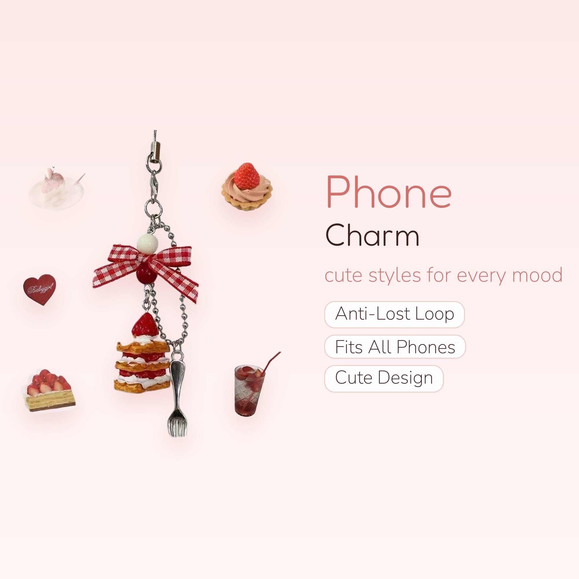 Kawaii Strawberry Dessert Phone Charm | Aesthetic Red Gingham Bow & Fork Lanyard