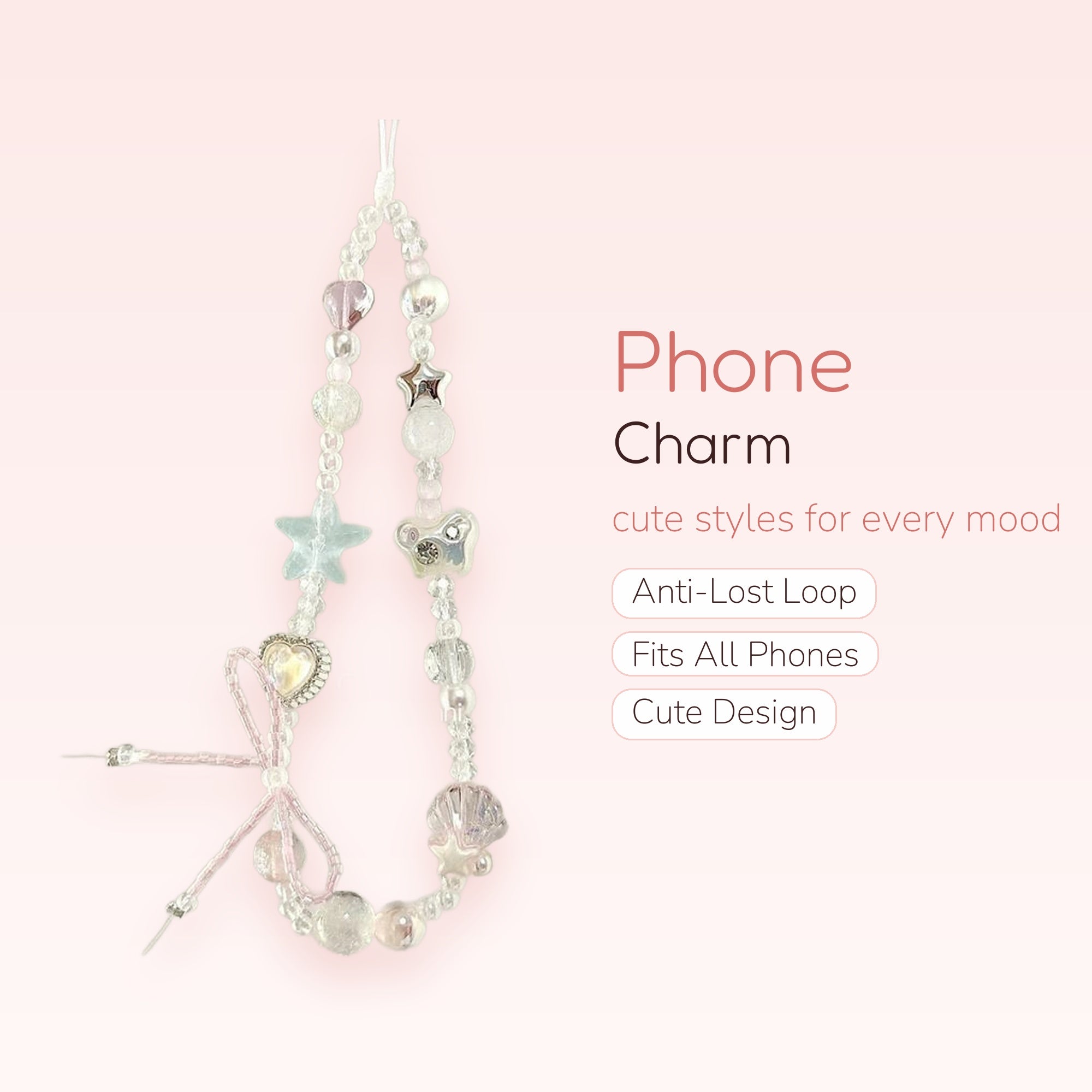 Kawaii Pastel Beaded Phone Charm | Cute Pearl & Star Wrist Strap