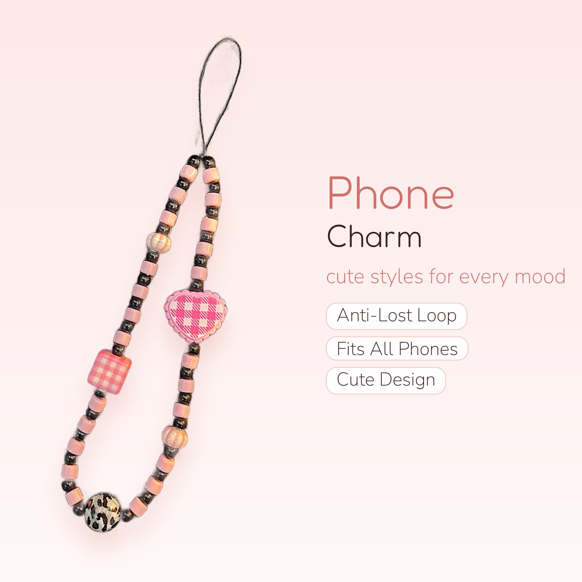 Pink Gingham Heart & Leopard Beaded Phone Charm | Aesthetic Wrist Strap Lanyard