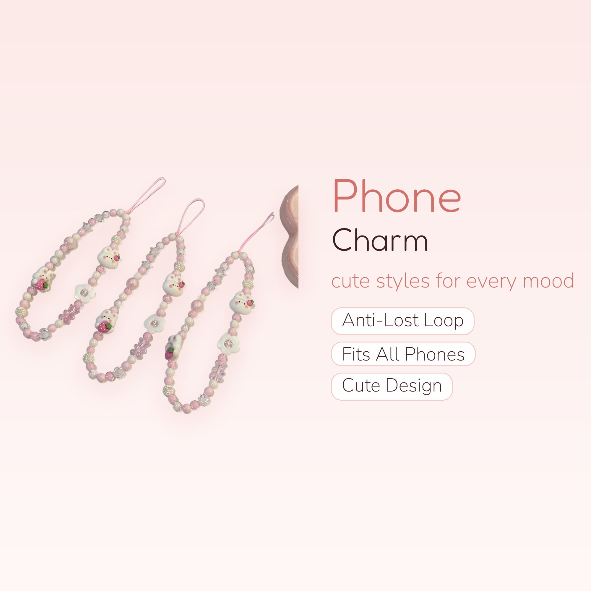 Kawaii Pink Bunny & Strawberry Phone Charm Strap | Pastel Beaded Wrist Lanyard