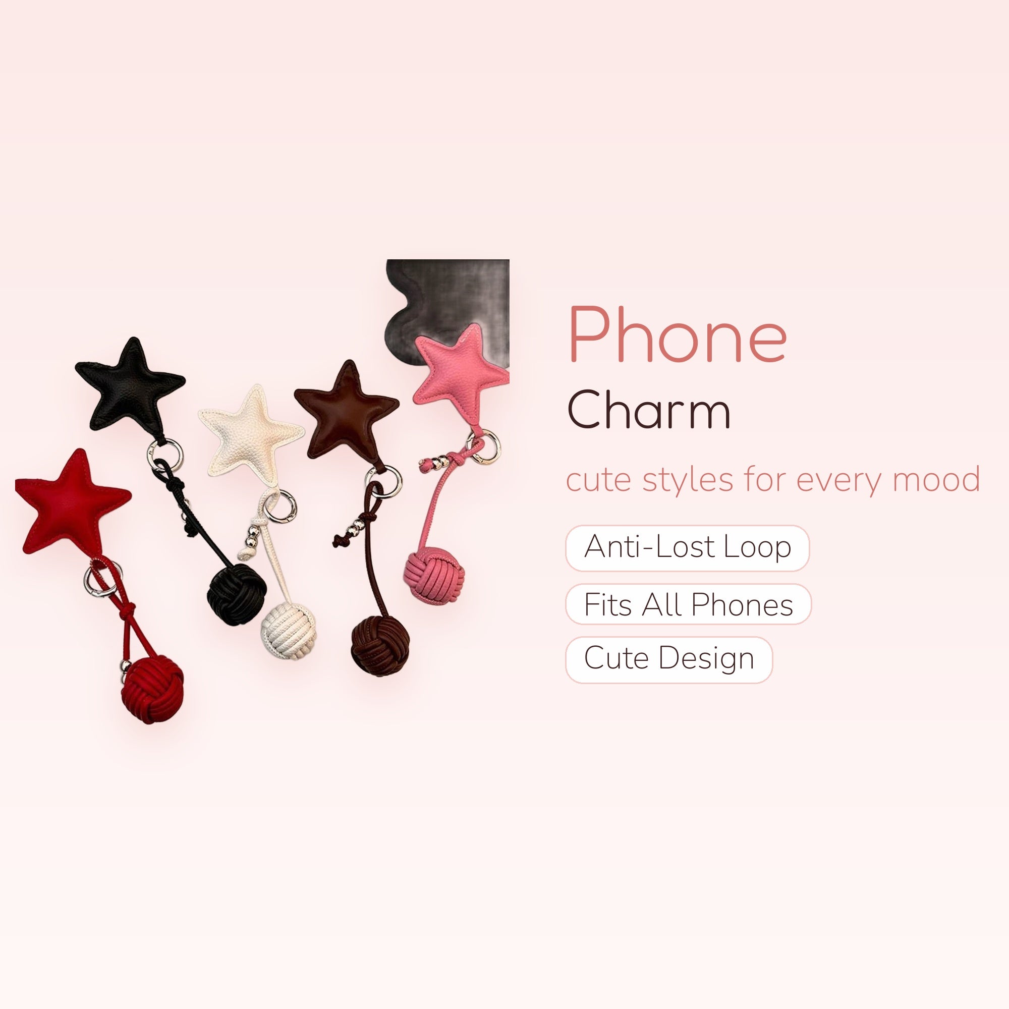 Kawaii Star Leather Phone Charm | Cute Braided Knot Wrist Strap