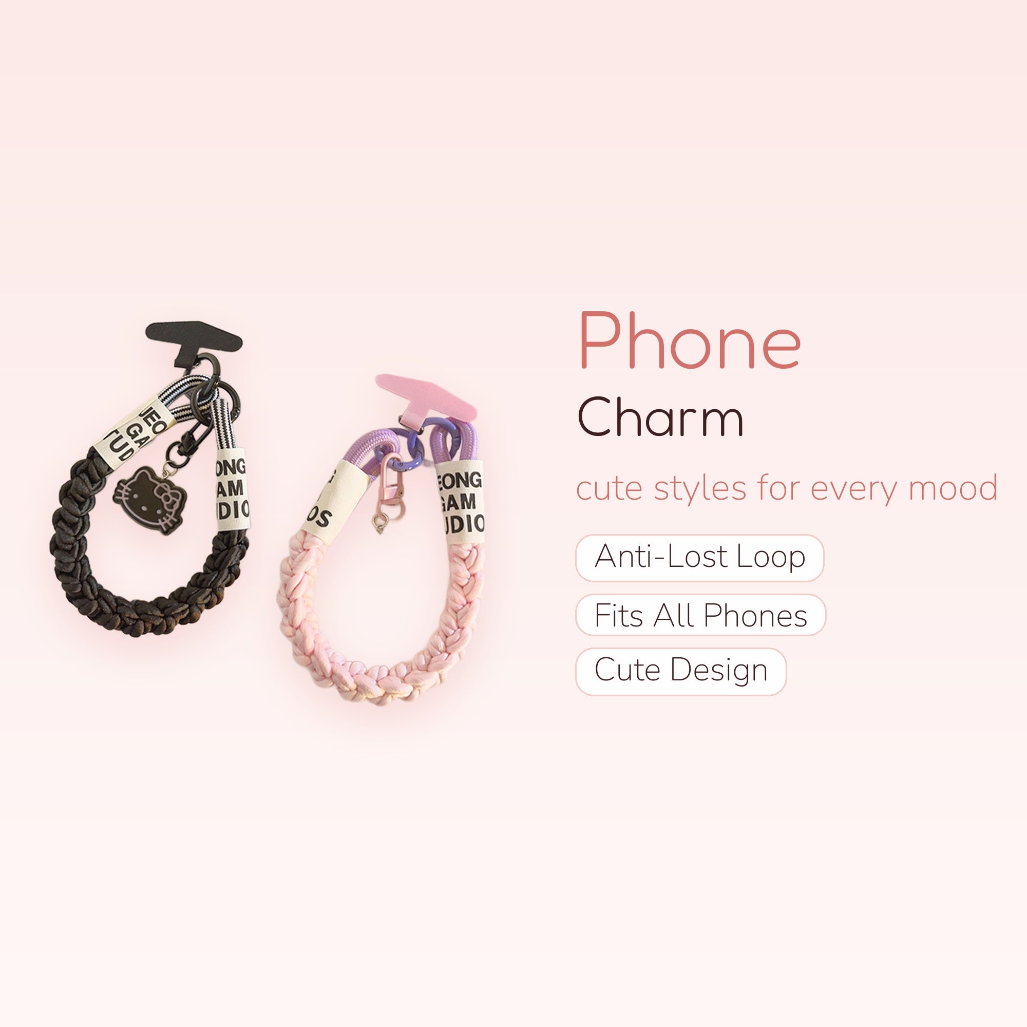 Kawaii Braided Wrist Phone Charm Strap with Hello Kitty Charm | Aesthetic Black & Pink Lanyard