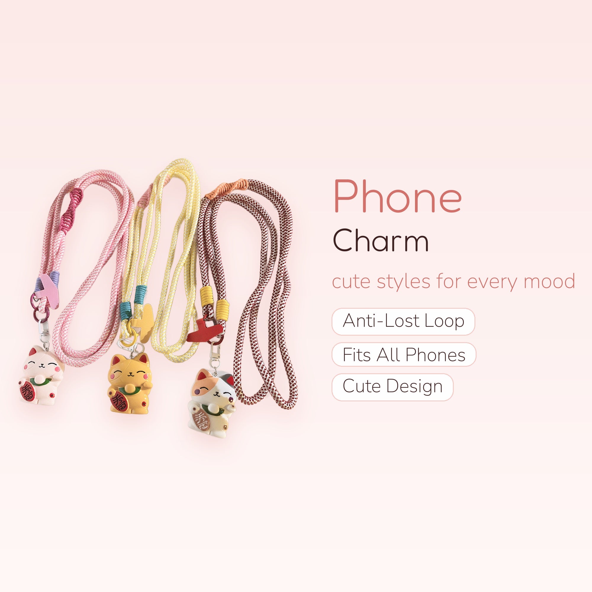 Kawaii Maneki Neko Lanyard Phone Charm | Cute Lucky Cat Wrist Strap
