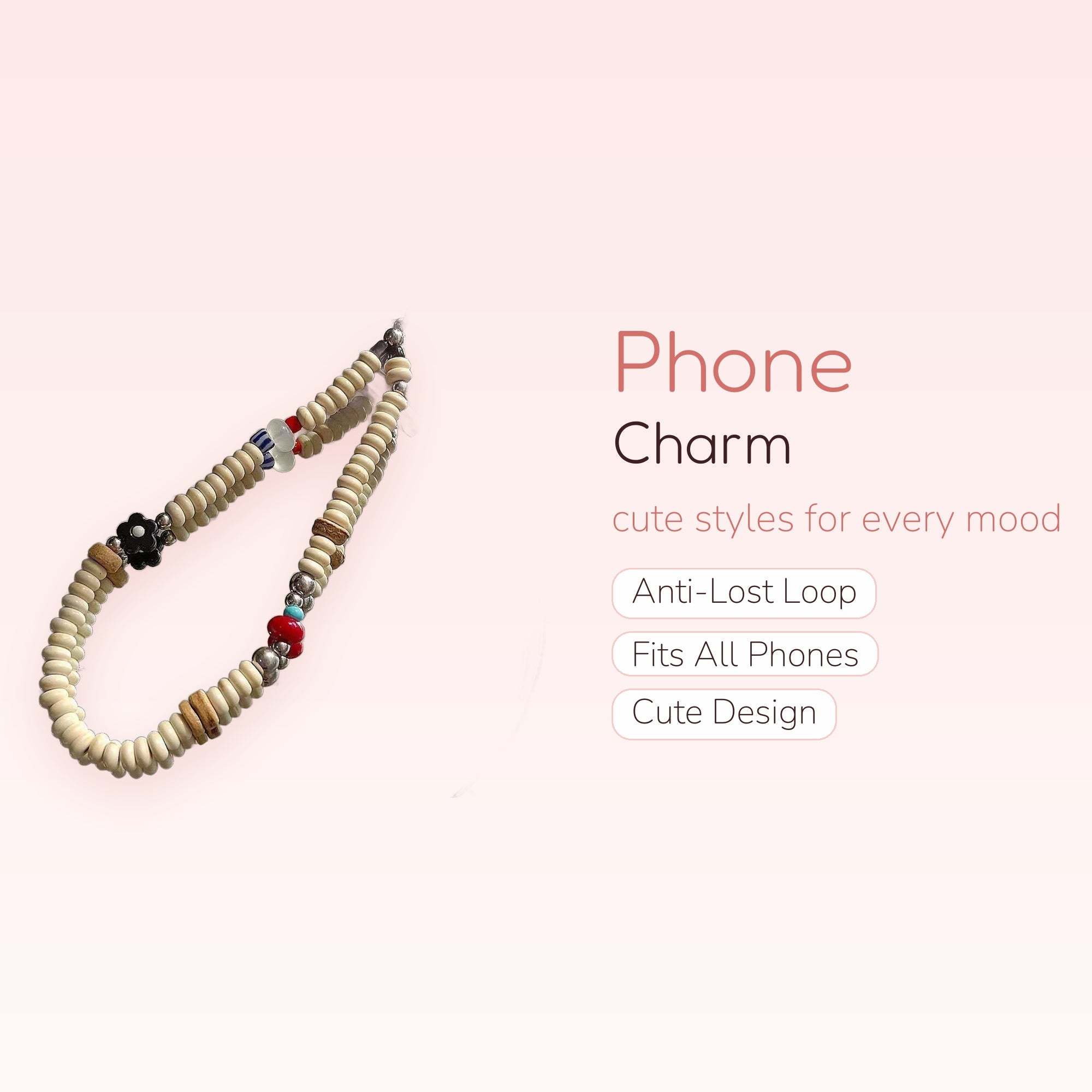 Aesthetic Beaded Phone Charm Strap | Boho Wooden Bead Wrist Lanyard