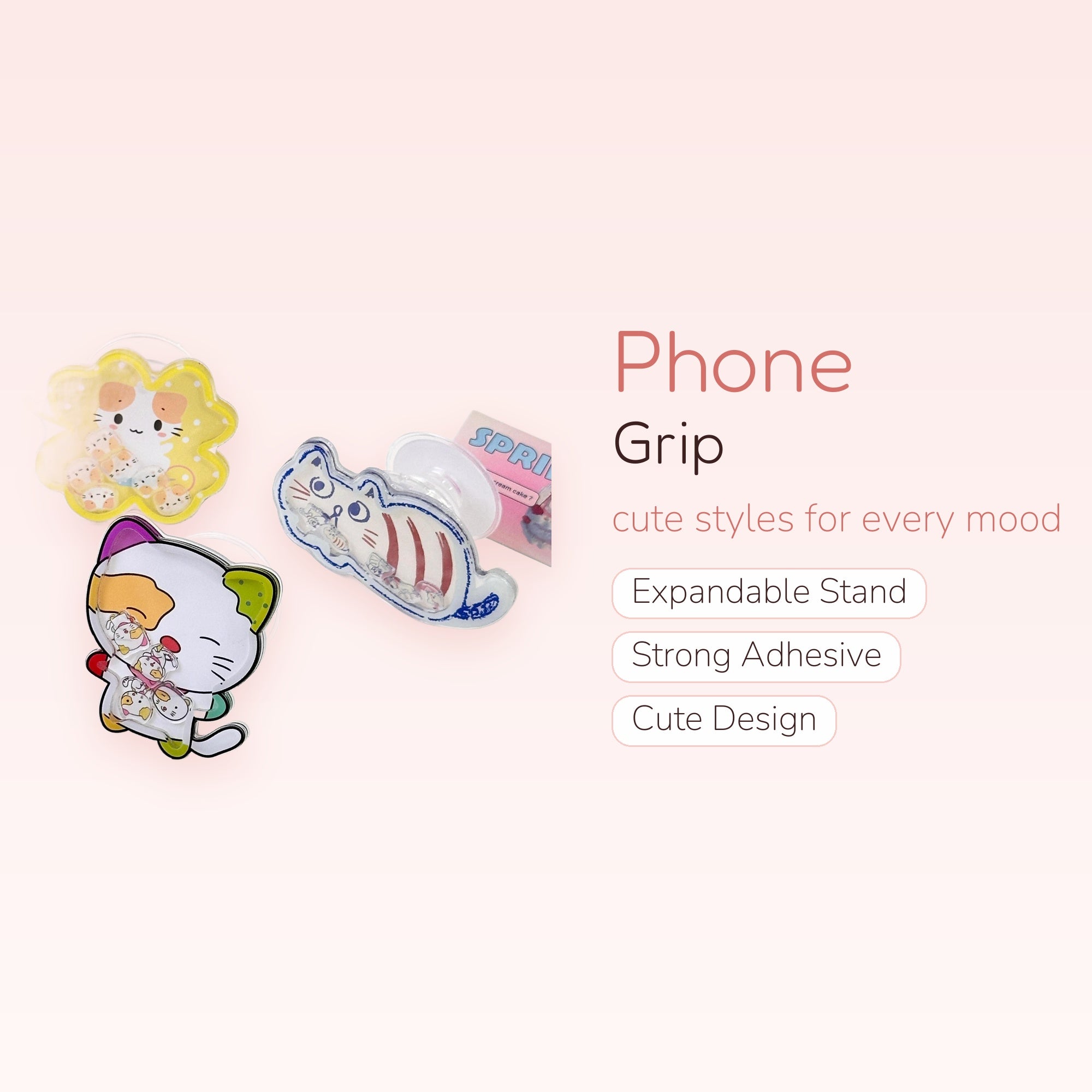 Kawaii Cat Shaker Phone Grip | Cute Liquid Glitter Pop Socket Stand