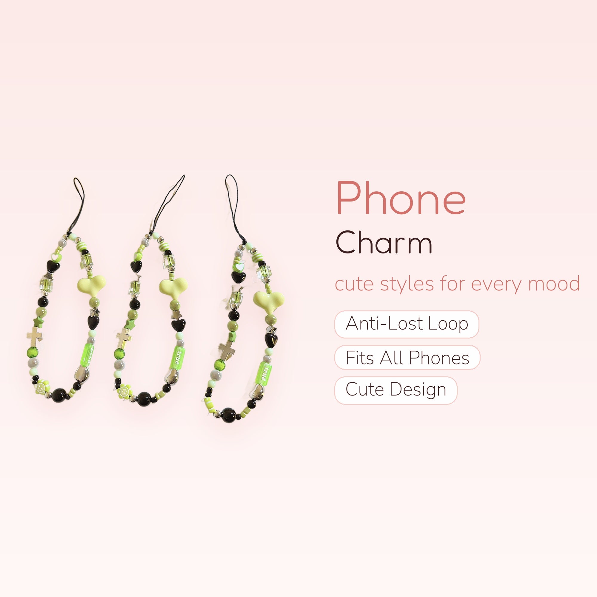 Aesthetic Green & Black Beaded Phone Charm | Y2K Heart & Cross Wrist Strap