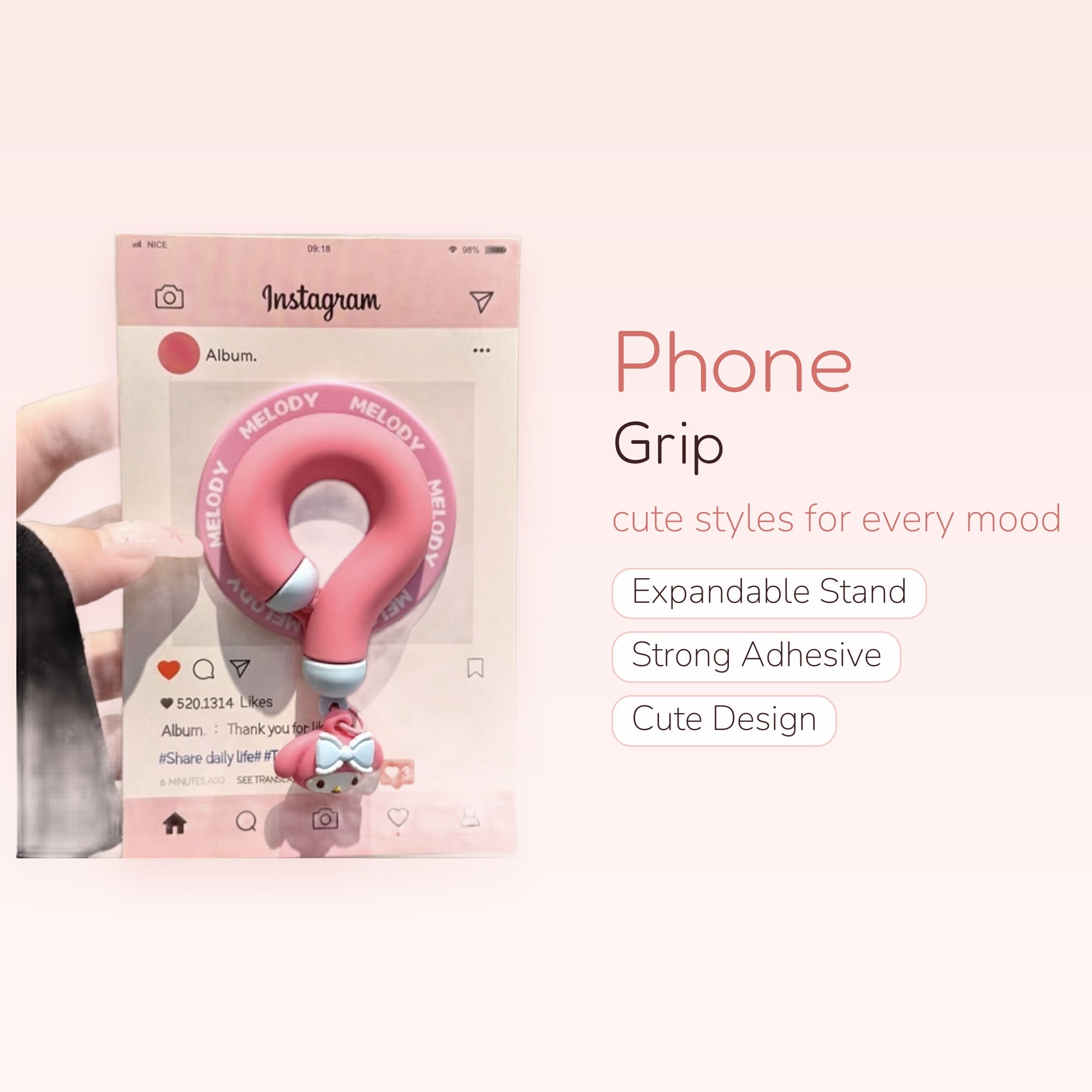 Pink My Melody Question Mark Phone Grip | Kawaii Pop Socket Stand