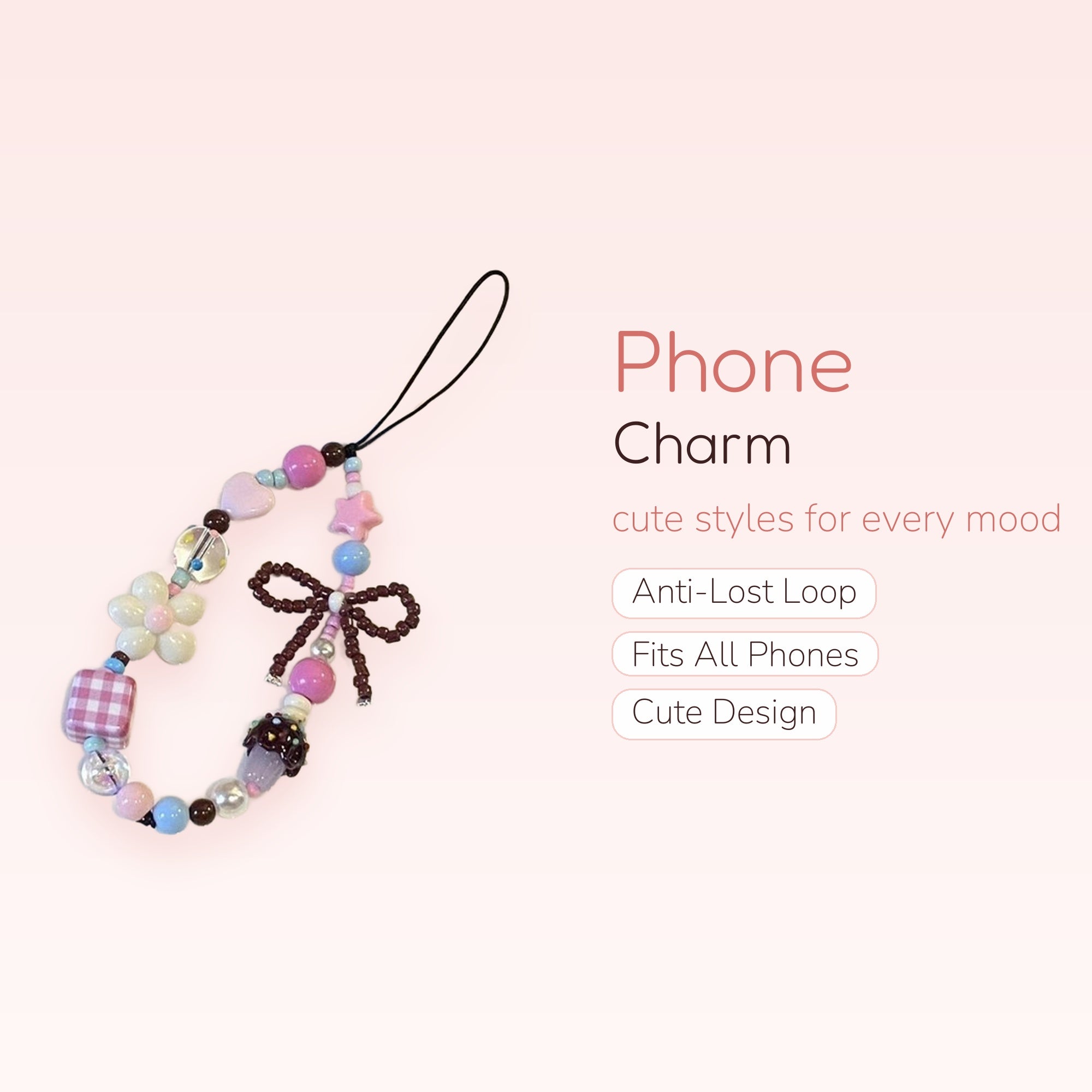 Kawaii Pastel Beaded Phone Charm | Cute Bow & Heart Wrist Strap
