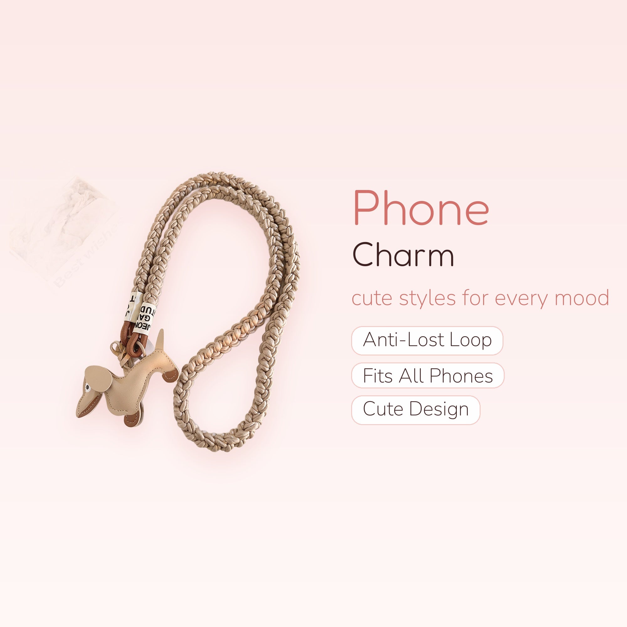 Cute Braided Leather Dachshund Phone Charm Lanyard | Beige Doggy Wrist Strap