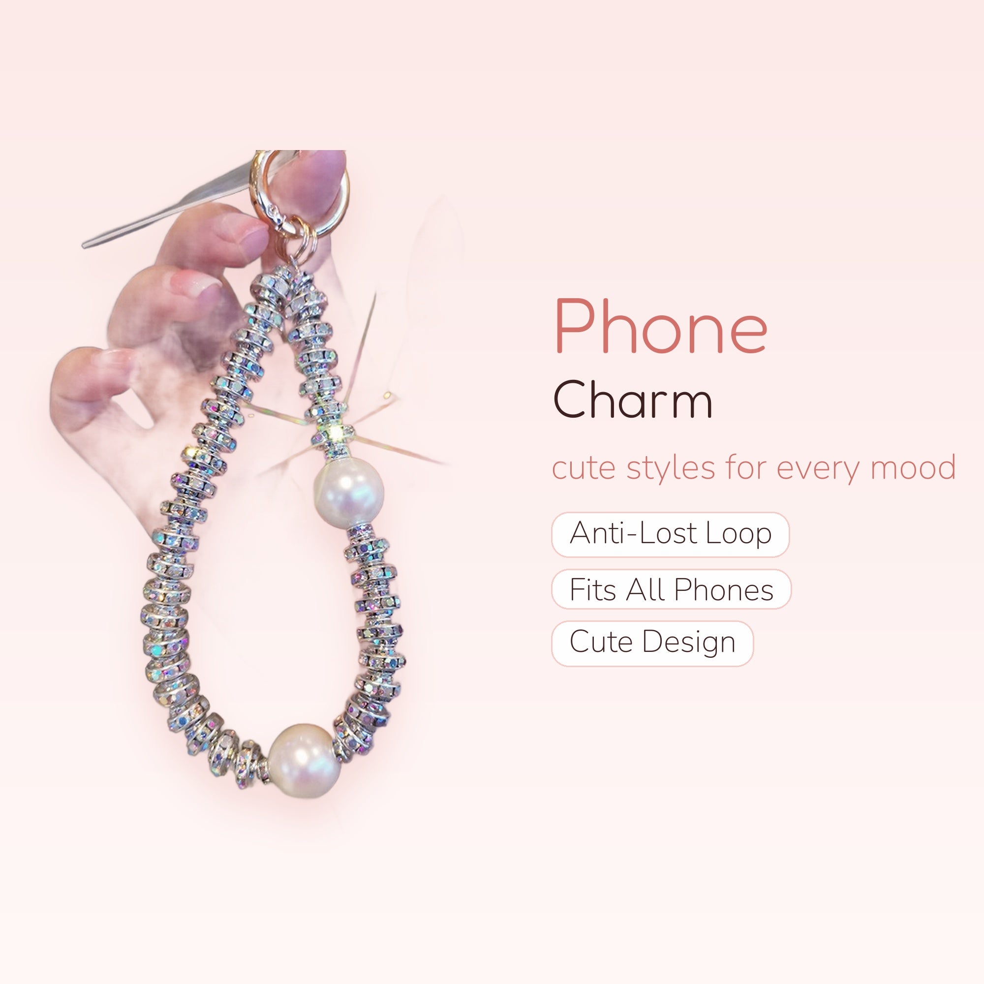 Sparkling Crystal & Pearl Phone Charm | Aesthetic Beaded Wrist Strap