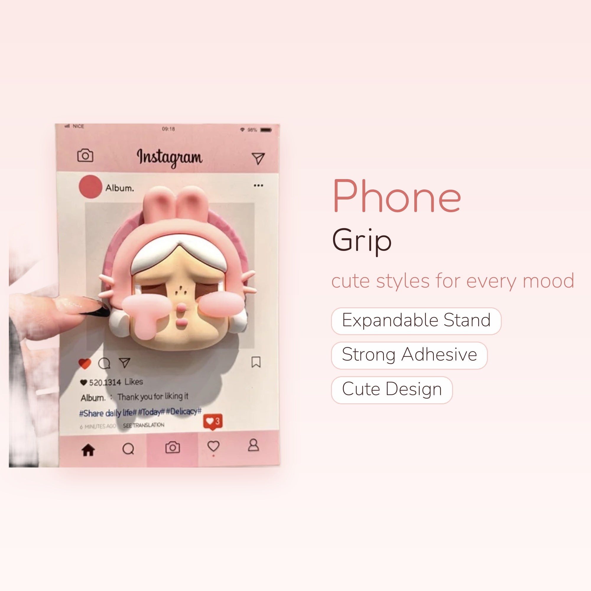 Pink Bunny Girl Instagram Phone Grip | Kawaii Pop Socket Stand for Phones