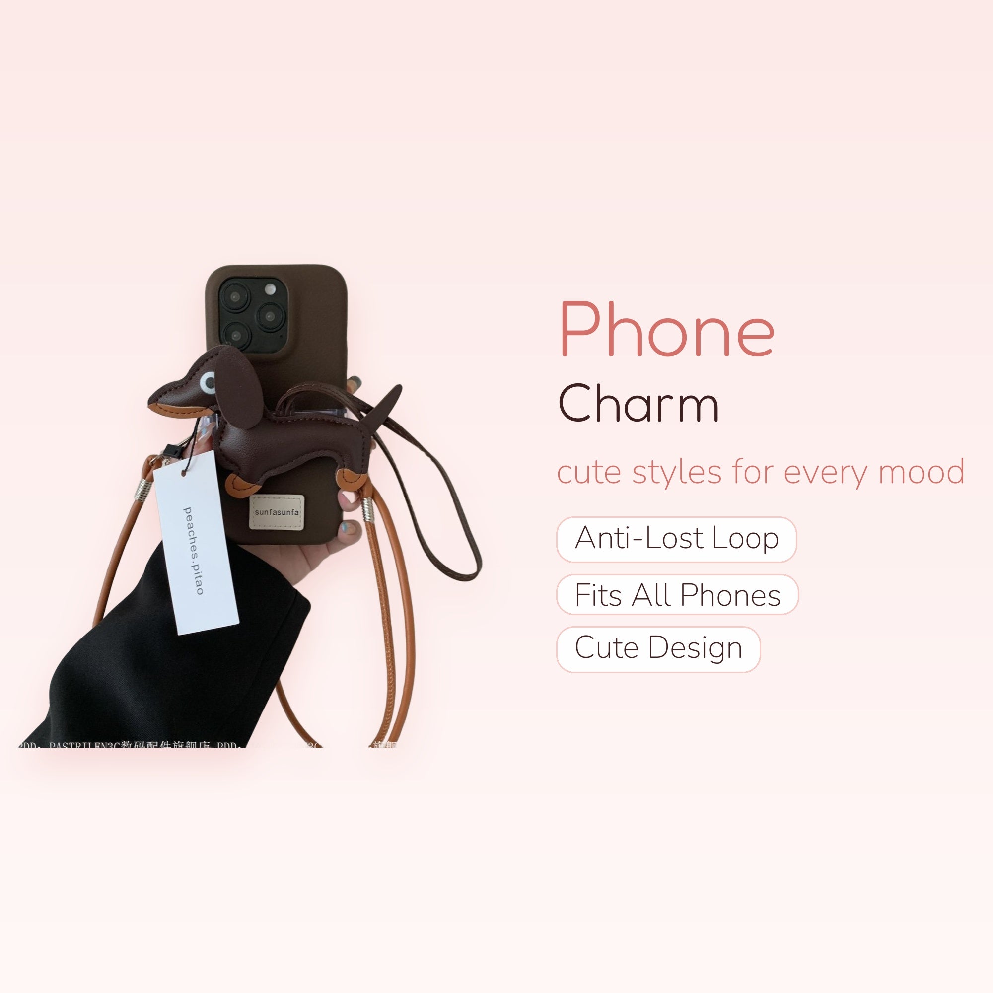 Cute Brown Dachshund Phone Charm Lanyard | Aesthetic Leather Dog Wrist Strap