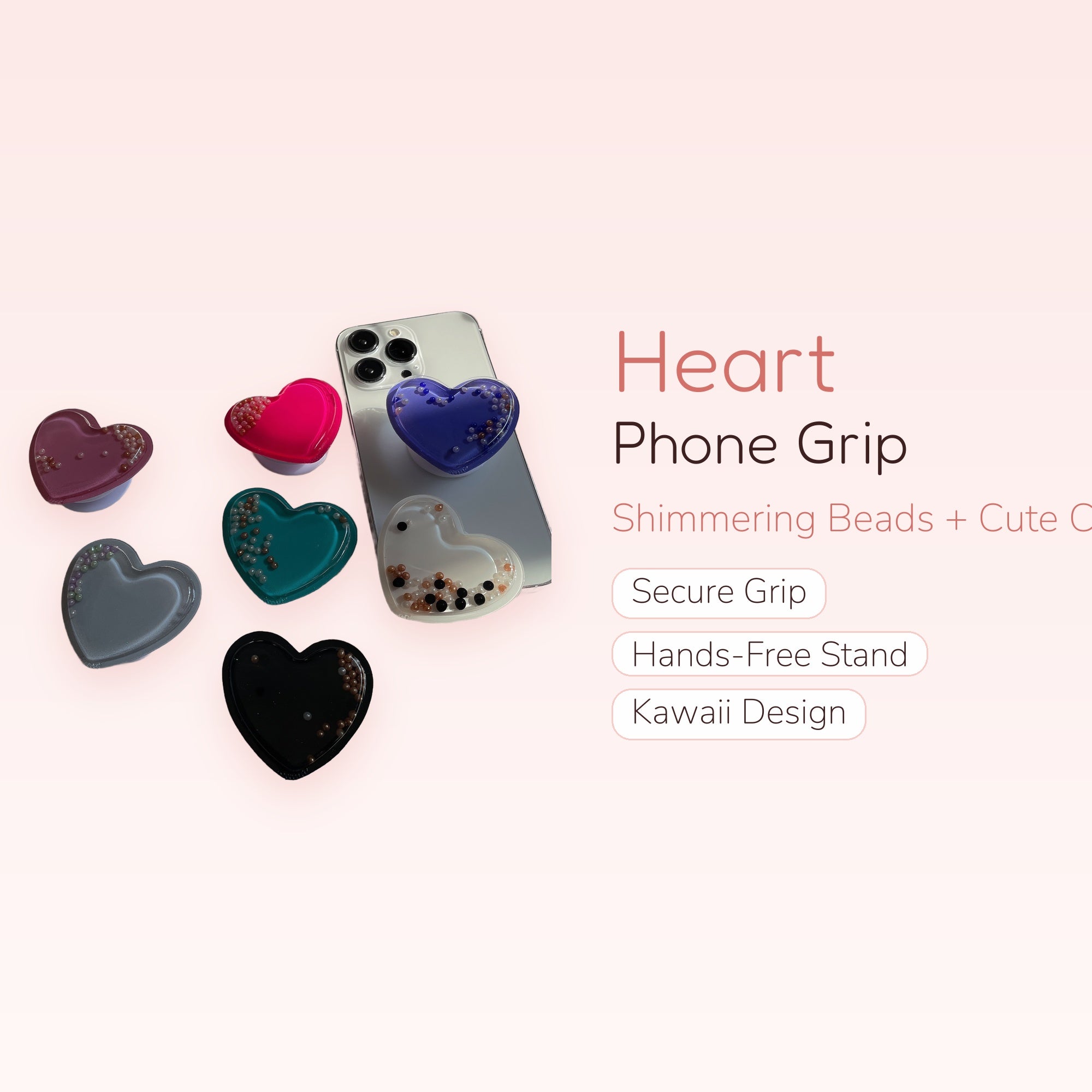 Cute Heart Phone Grip with Shimmering Beads | Kawaii Phone Stand
