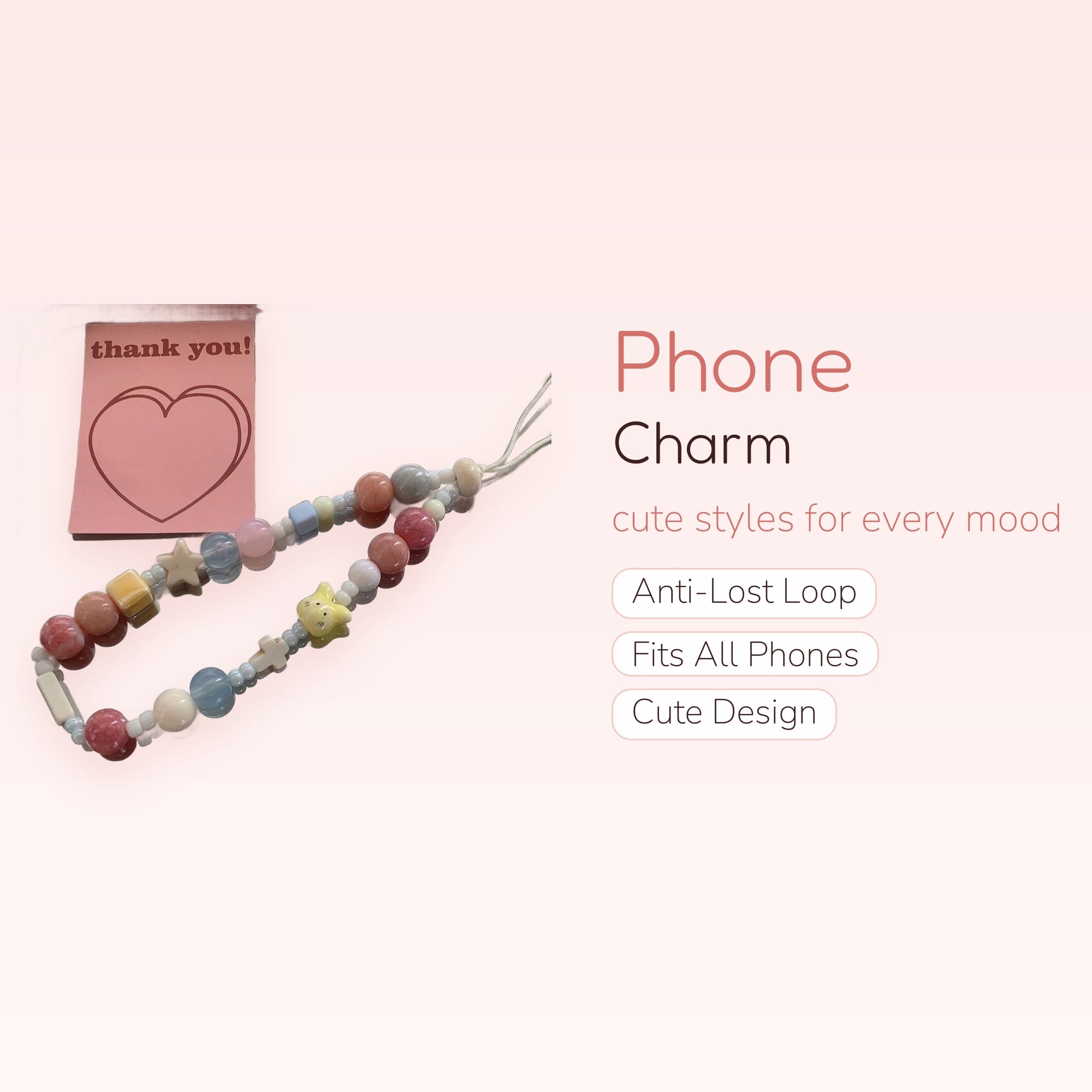Pastel Beaded Phone Charm Strap | Kawaii Heart & Star Wrist Lanyard