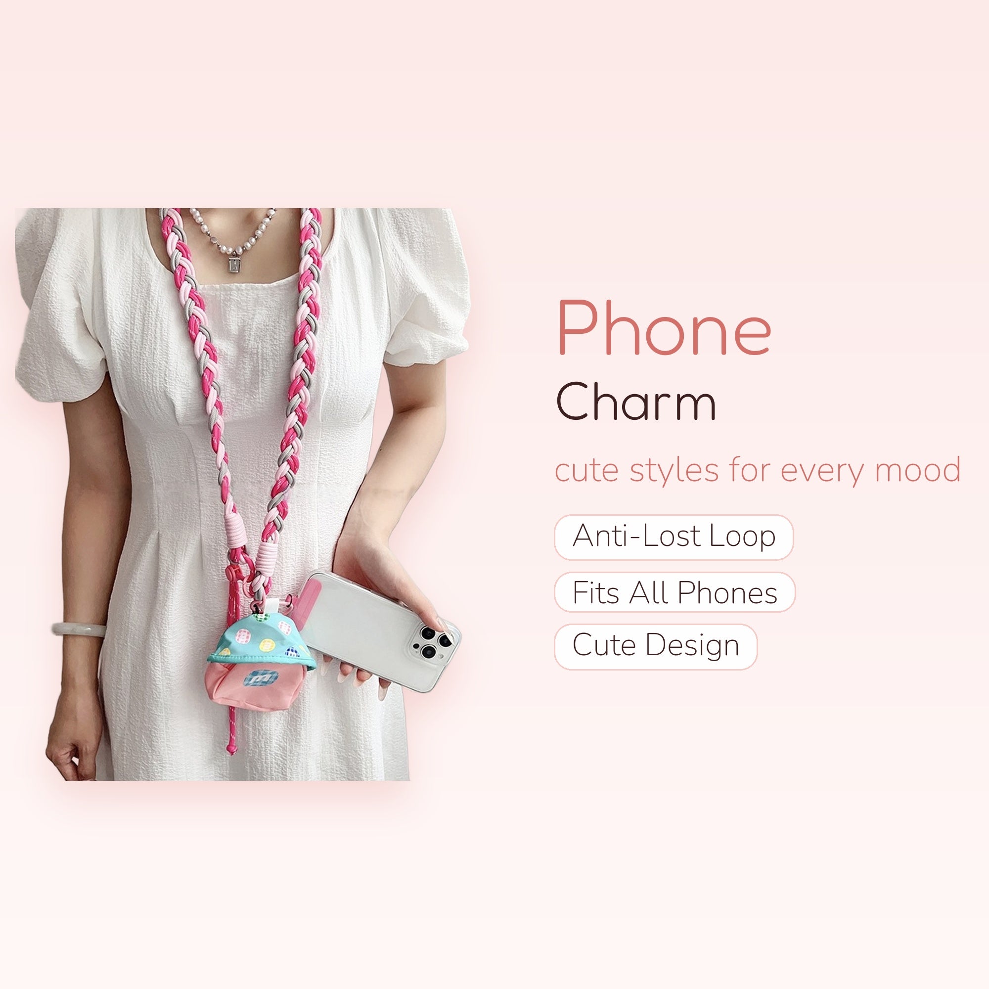 Pink & Gray Braided Lanyard Phone Charm | Cute Mushroom House Crossbody Strap