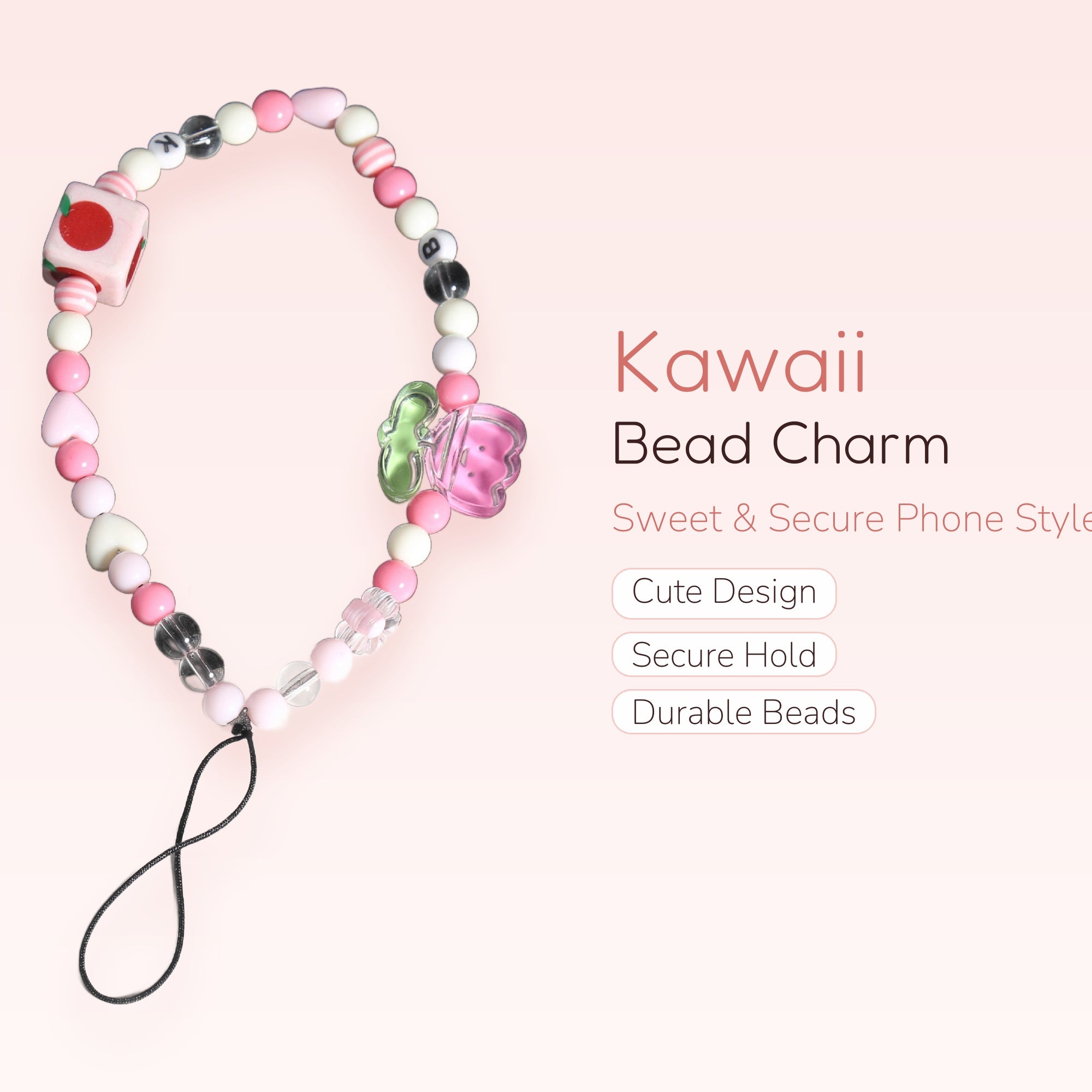 Kawaii Pink Bead Phone Charm Strap | Cute Wrist Lanyard