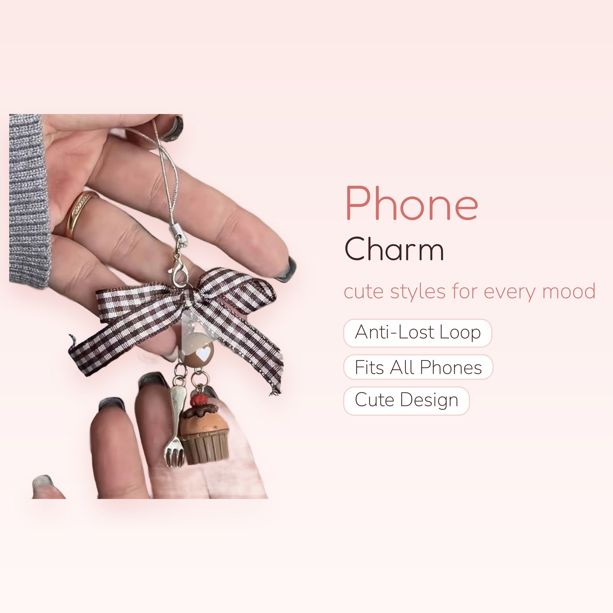 Cute Gingham Bow & Cupcake Phone Charm | Aesthetic Dessert Wrist Strap