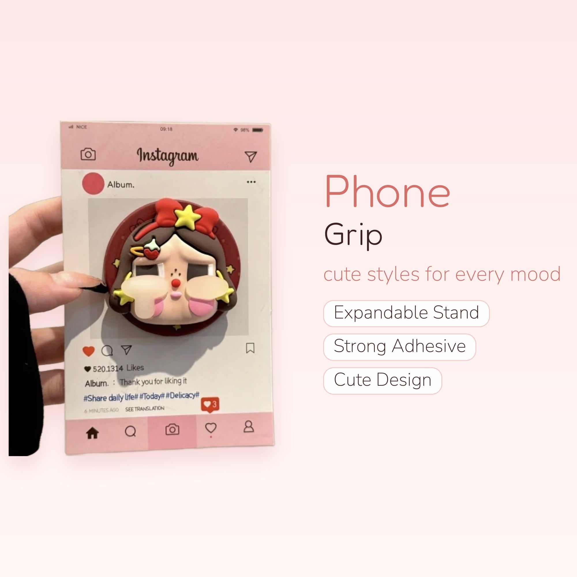 Kawaii Instagram Post Phone Grip | Cute Cartoon Girl Pop Socket Stand