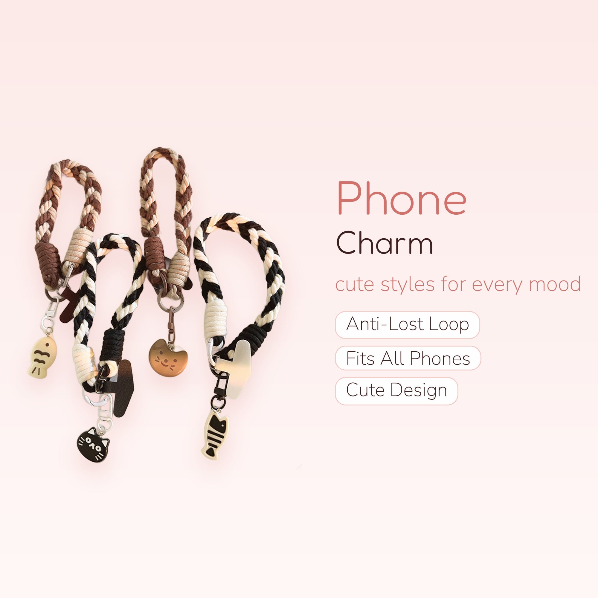 Braided Rope Phone Charm Wristlet | Cute Cat and Fish Charm Lanyard
