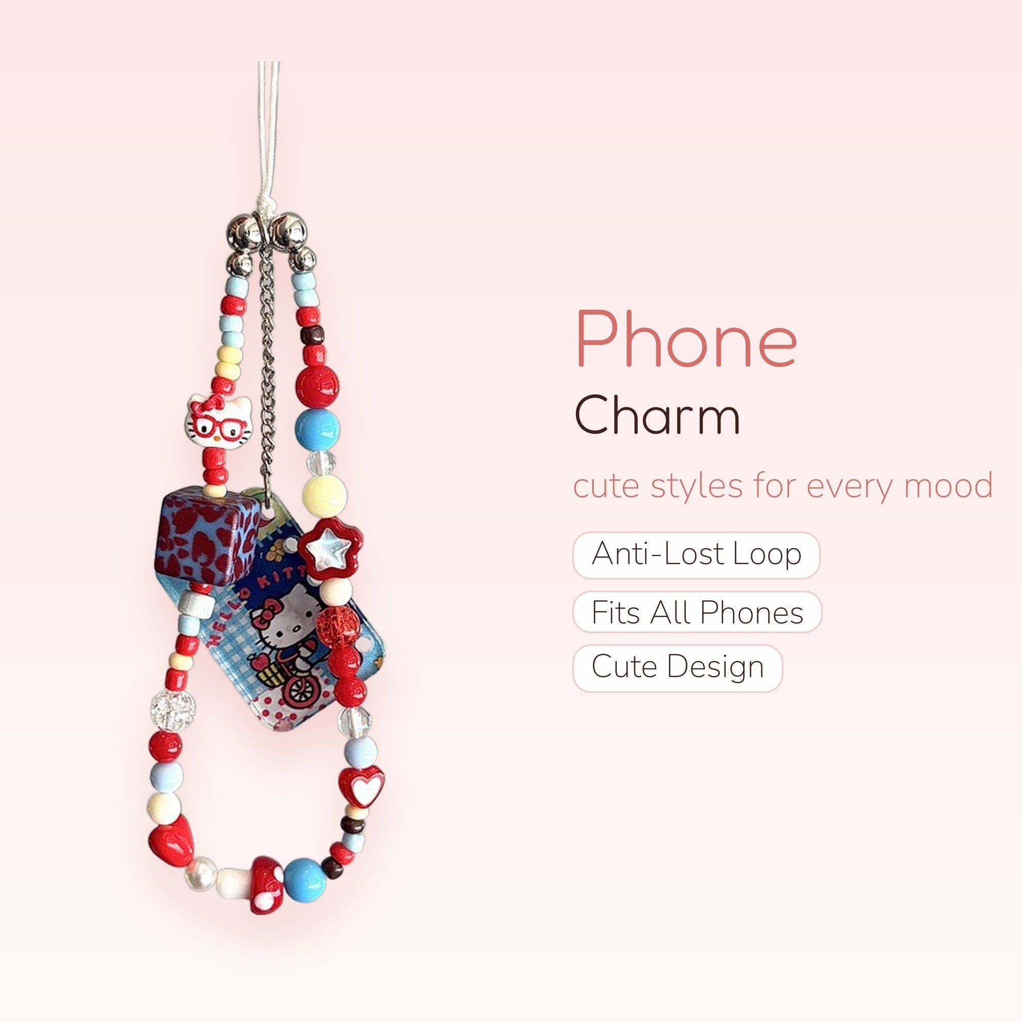 Kawaii Hello Kitty Beaded Phone Charm | Red Blue & Yellow Y2K Wrist Strap