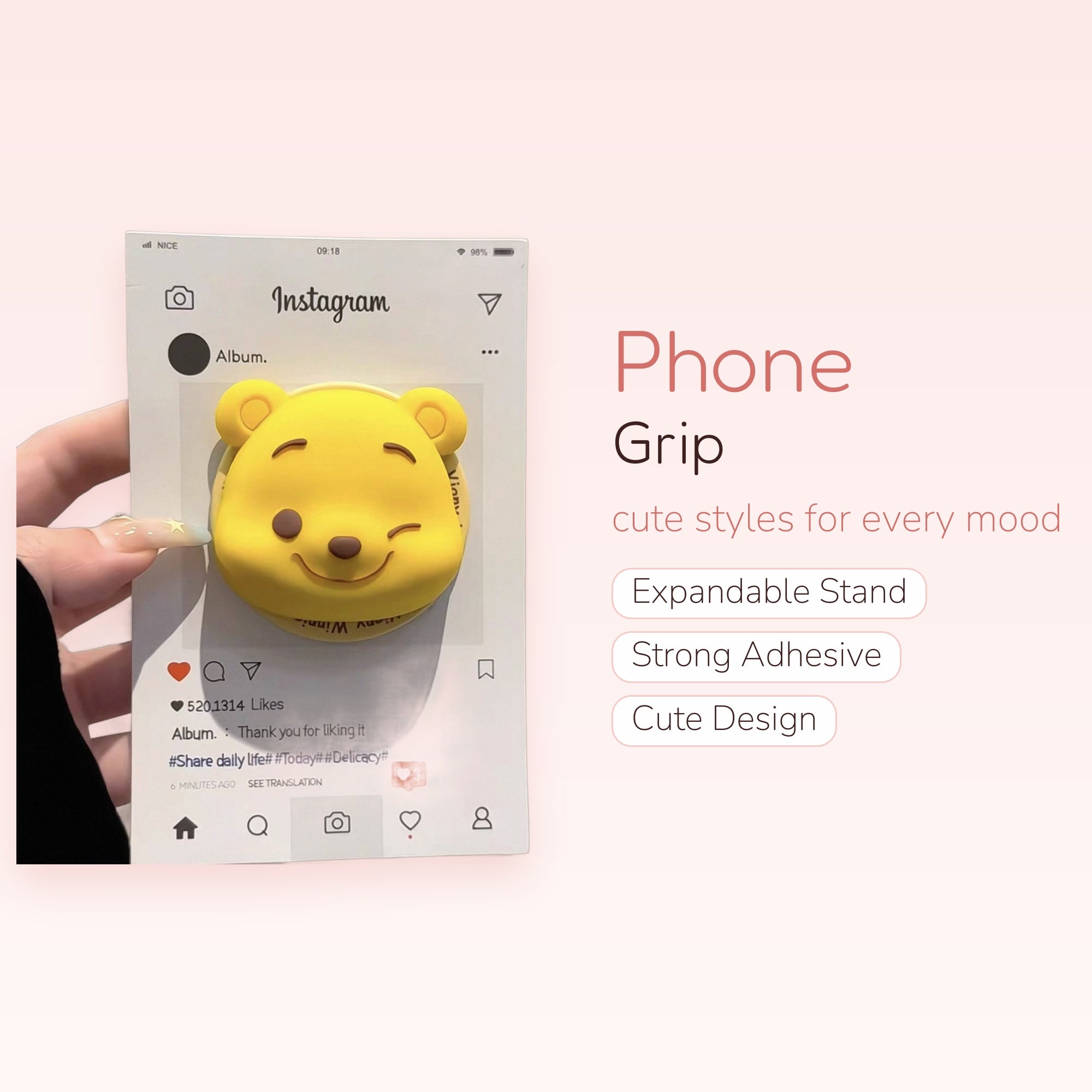 Winking Winnie the Pooh Phone Grip | Cute Yellow Cartoon Pop Socket Stand