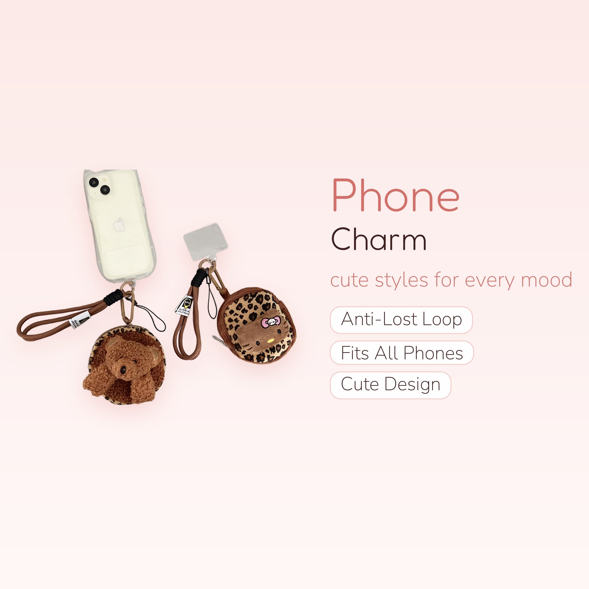 Cute Leopard Print Plush Phone Charm | Hello Kitty & Teddy Bear Wrist Strap