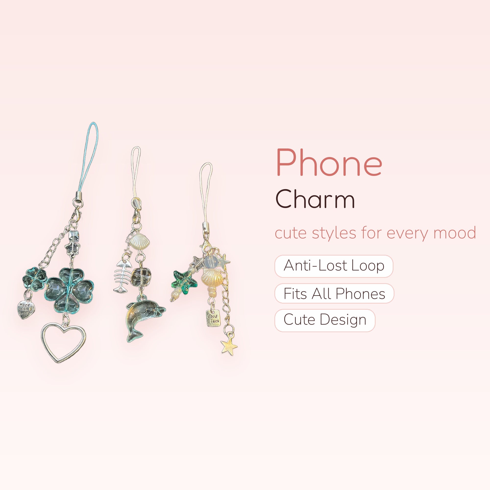 Aesthetic Blue Clover & Ocean Theme Phone Charms | Y2K Beaded Wrist Straps