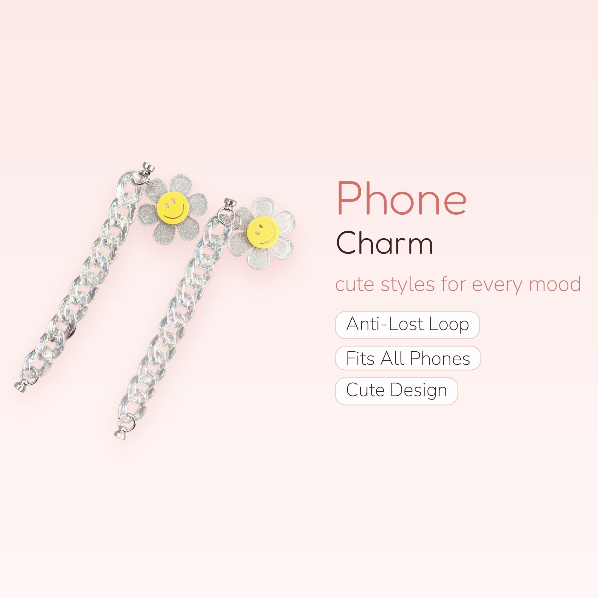 Iridescent Acrylic Chain Phone Charm | Cute Smiley Face Daisy Wrist Strap