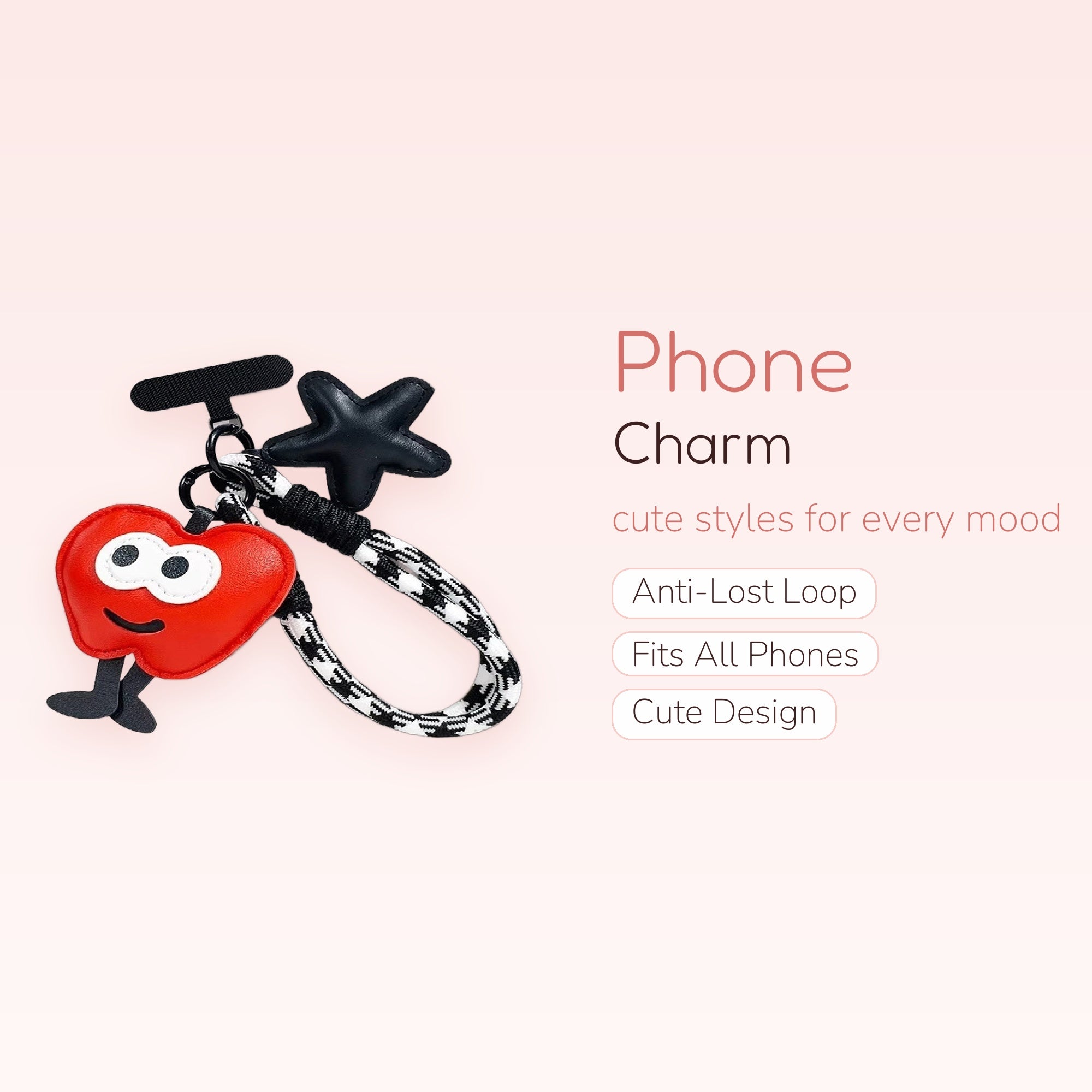 Cute Red Heart & Black Star Phone Charm | Houndstooth Wrist Strap Lanyard