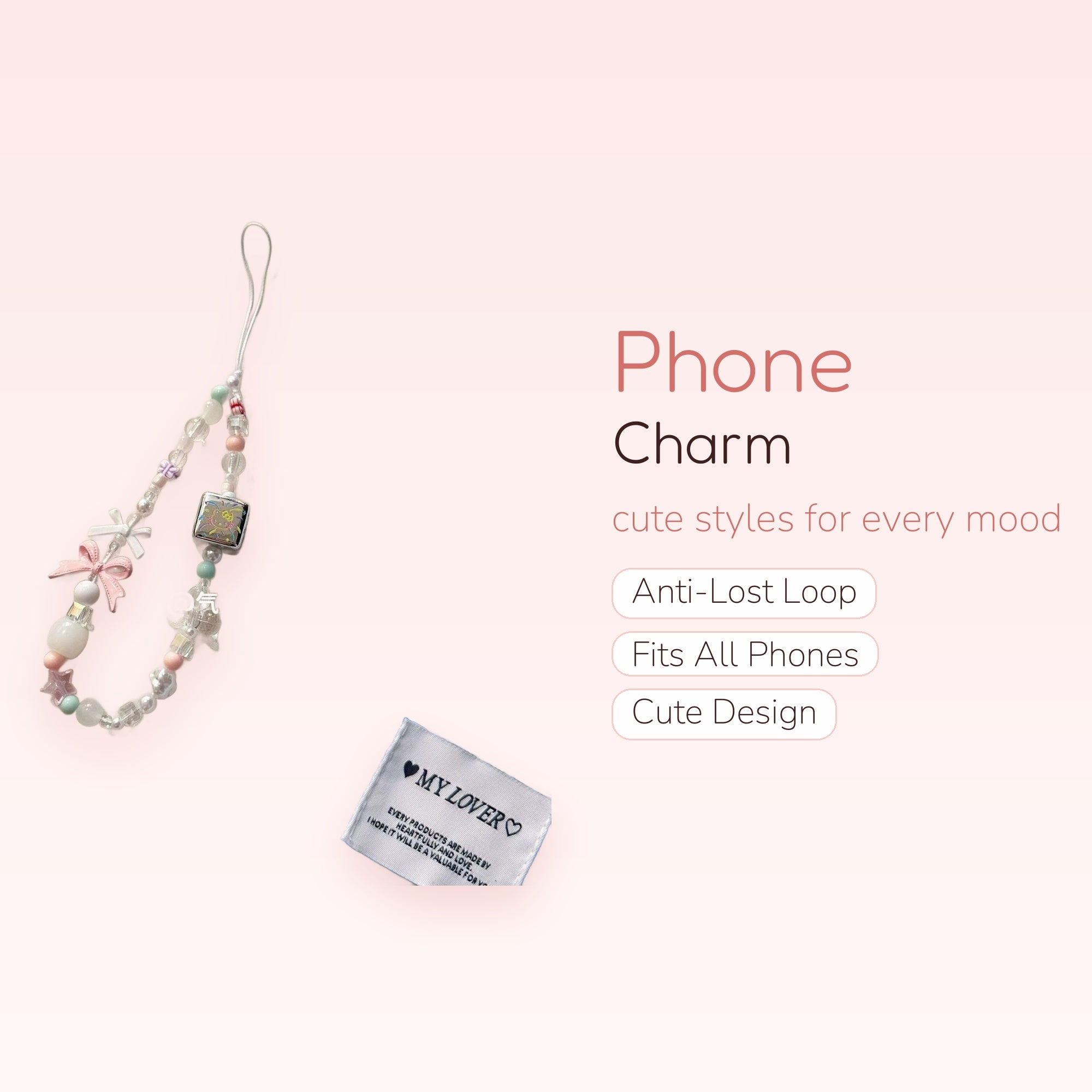 Pastel Beaded Phone Charm Strap | Kawaii Bow & Bear Cube Wrist Lanyard