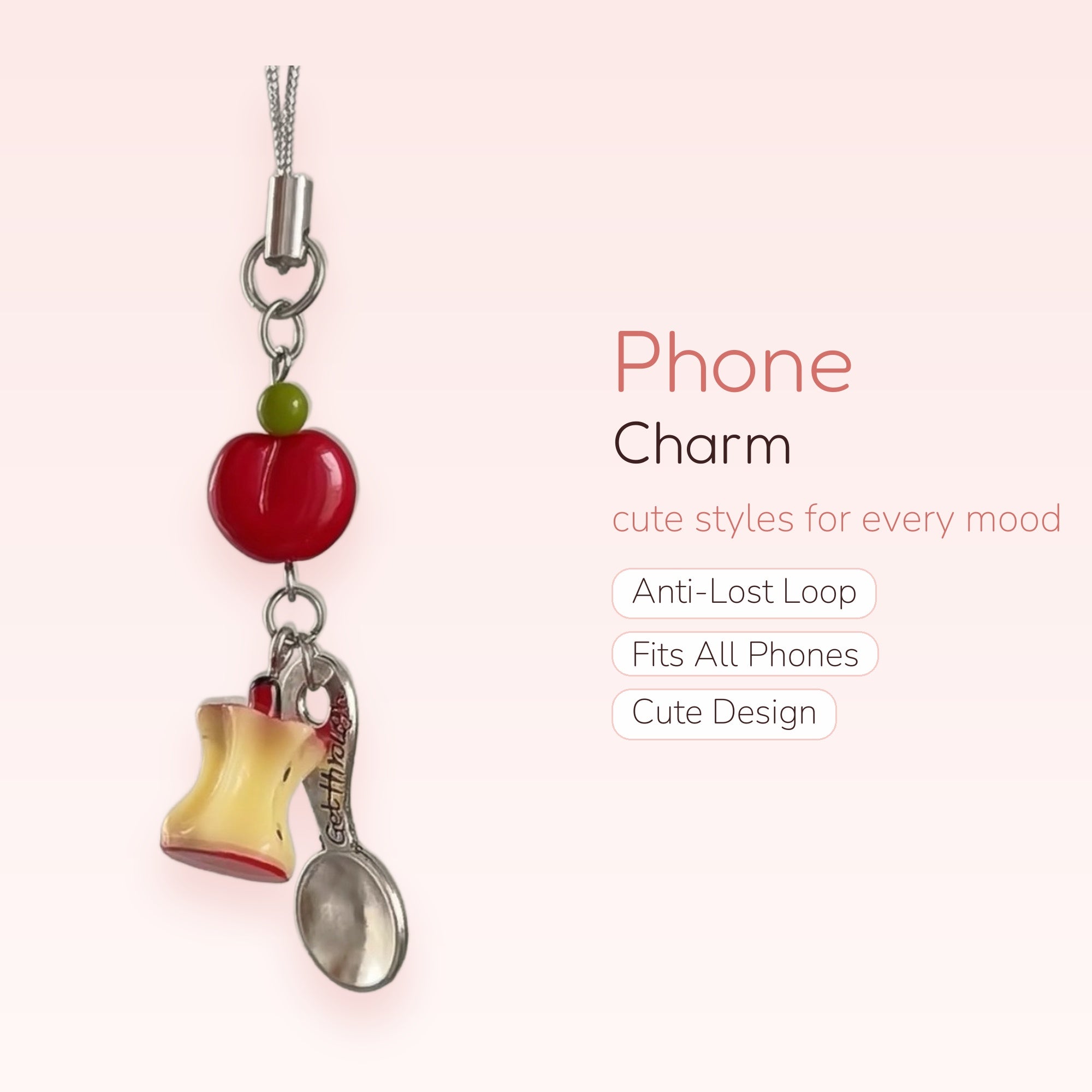 Cute Apple Core & Spoon Phone Charm | Red Apple Beaded Lanyard