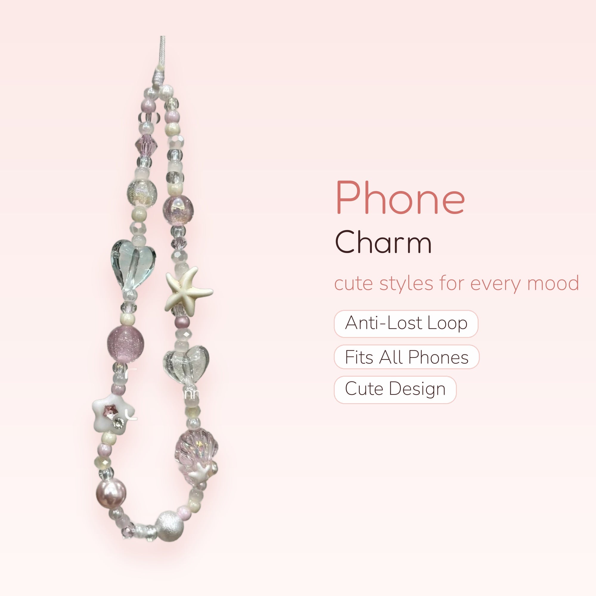 Pastel Pink & Blue Heart Phone Charm | Kawaii Beaded Starfish Wrist Strap