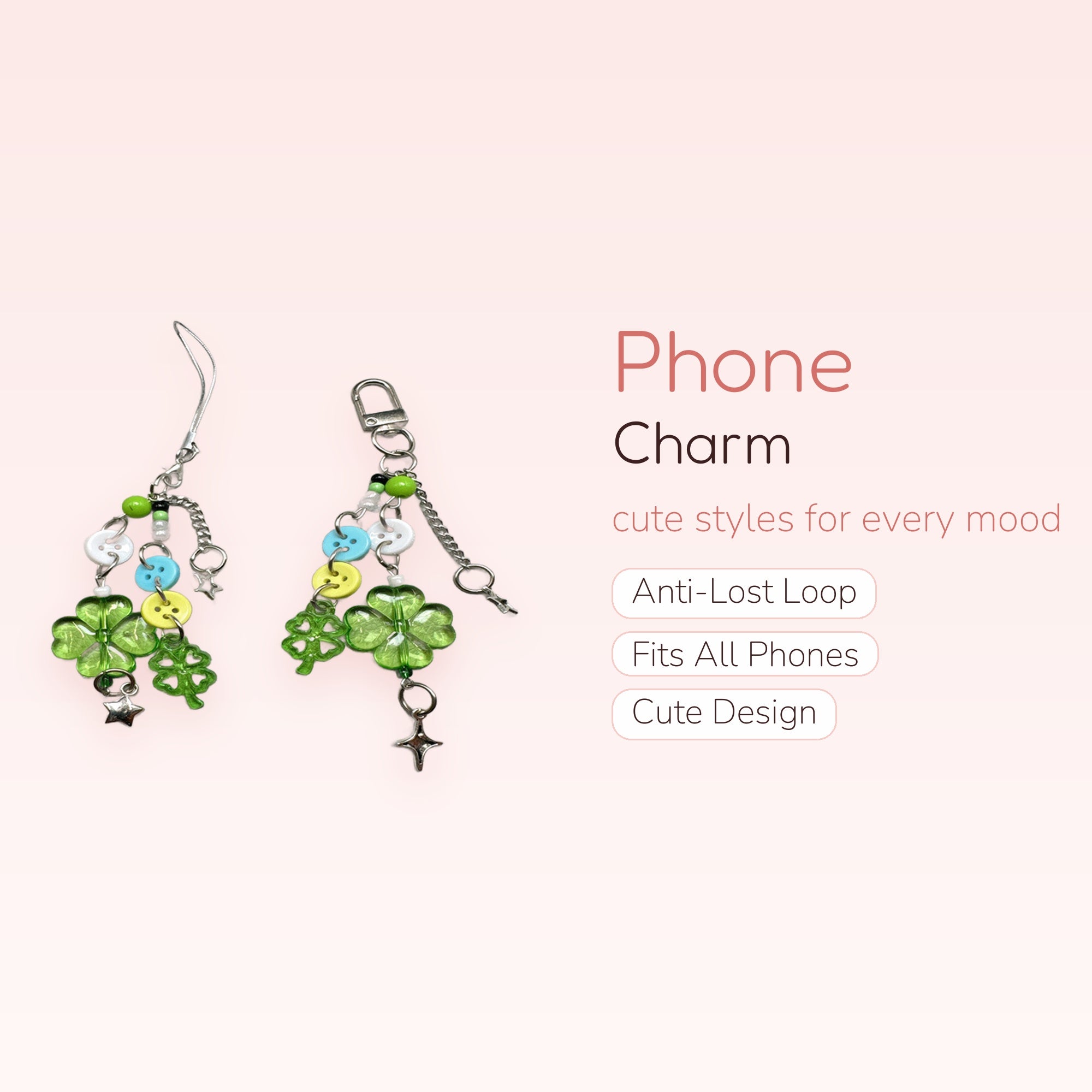 Y2K Green Clover & Button Phone Charm | Aesthetic Beaded Wrist Strap