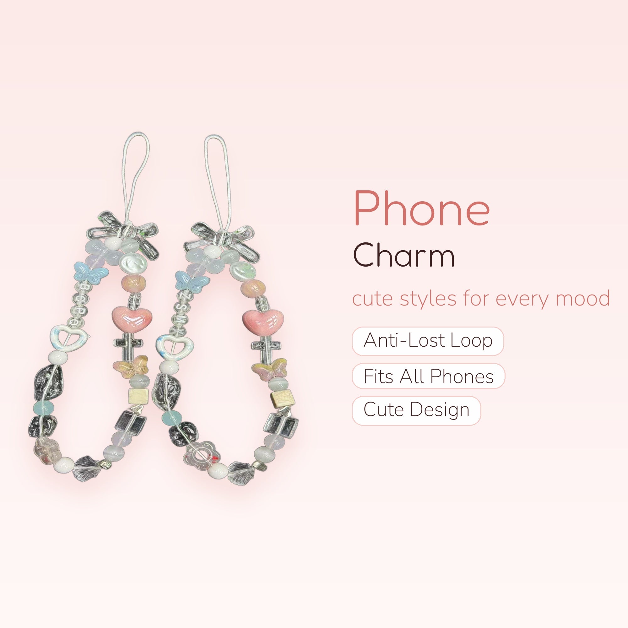 Pastel Beaded Phone Charm Strap with Hearts & Butterflies | Kawaii Y2K Wrist Lanyard