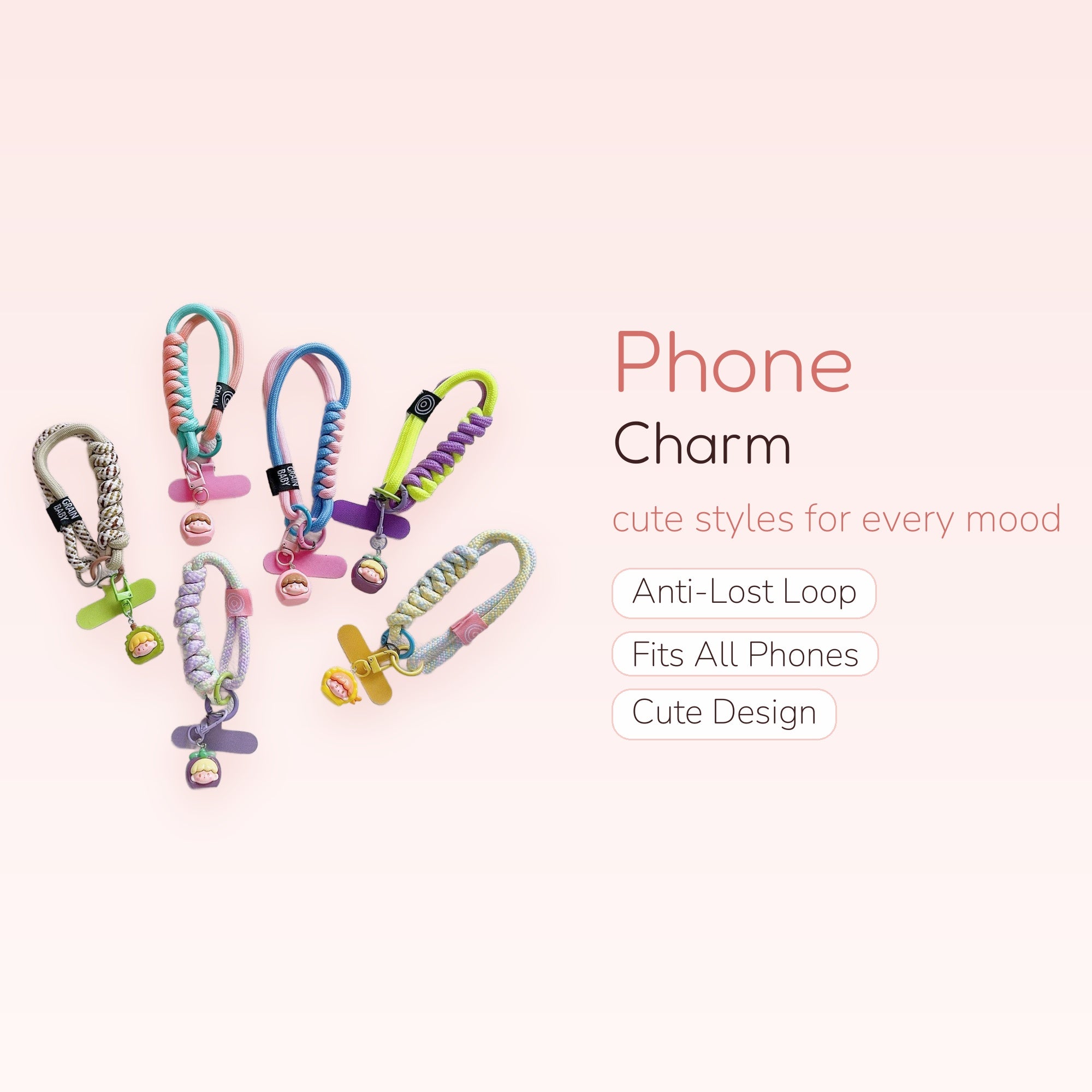 Kawaii Braided Rope Phone Charm Strap | Pastel Fruit & Baby Wrist Lanyard