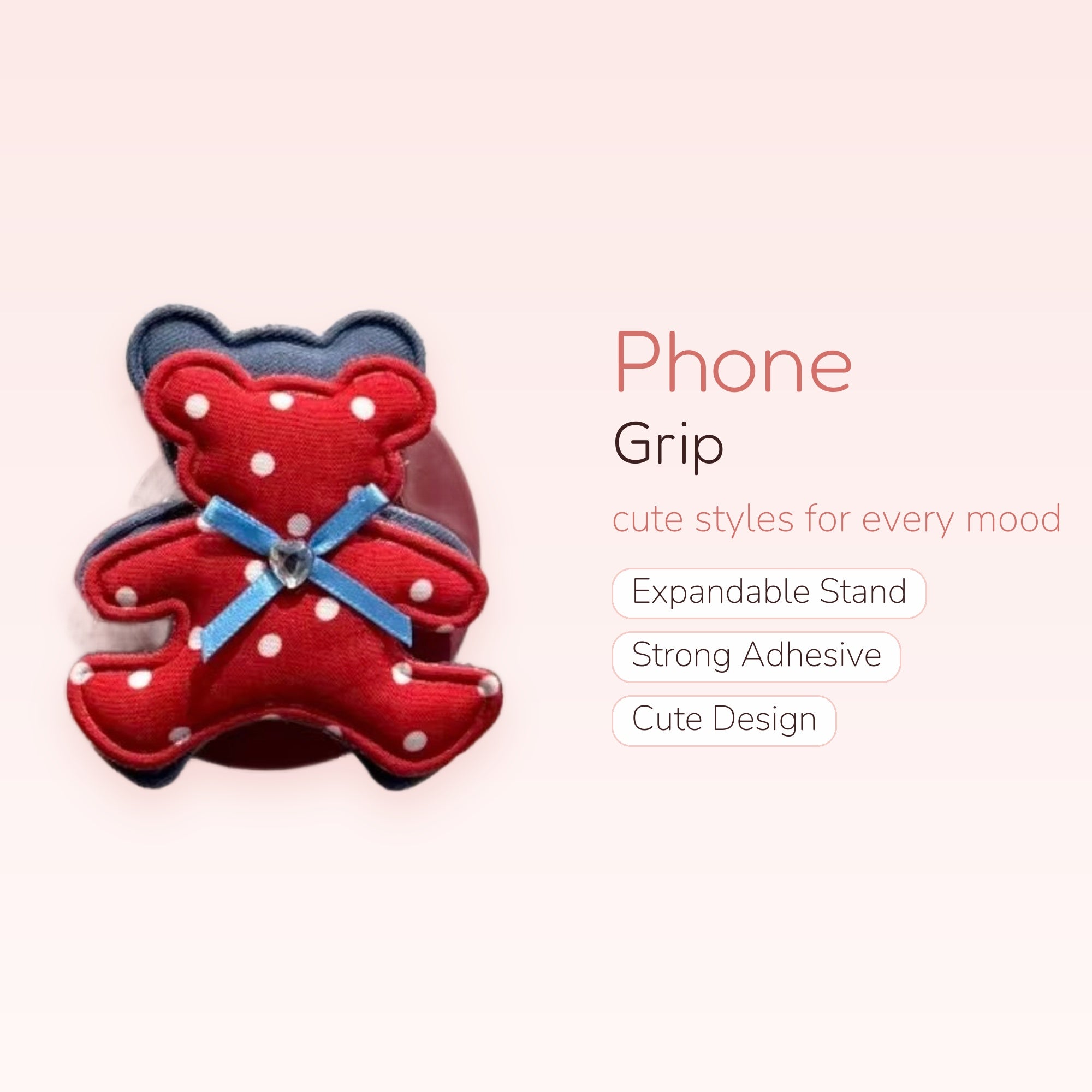 Cute Red Polka Dot Bear Phone Grip | Kawaii Fabric Pop Socket Stand