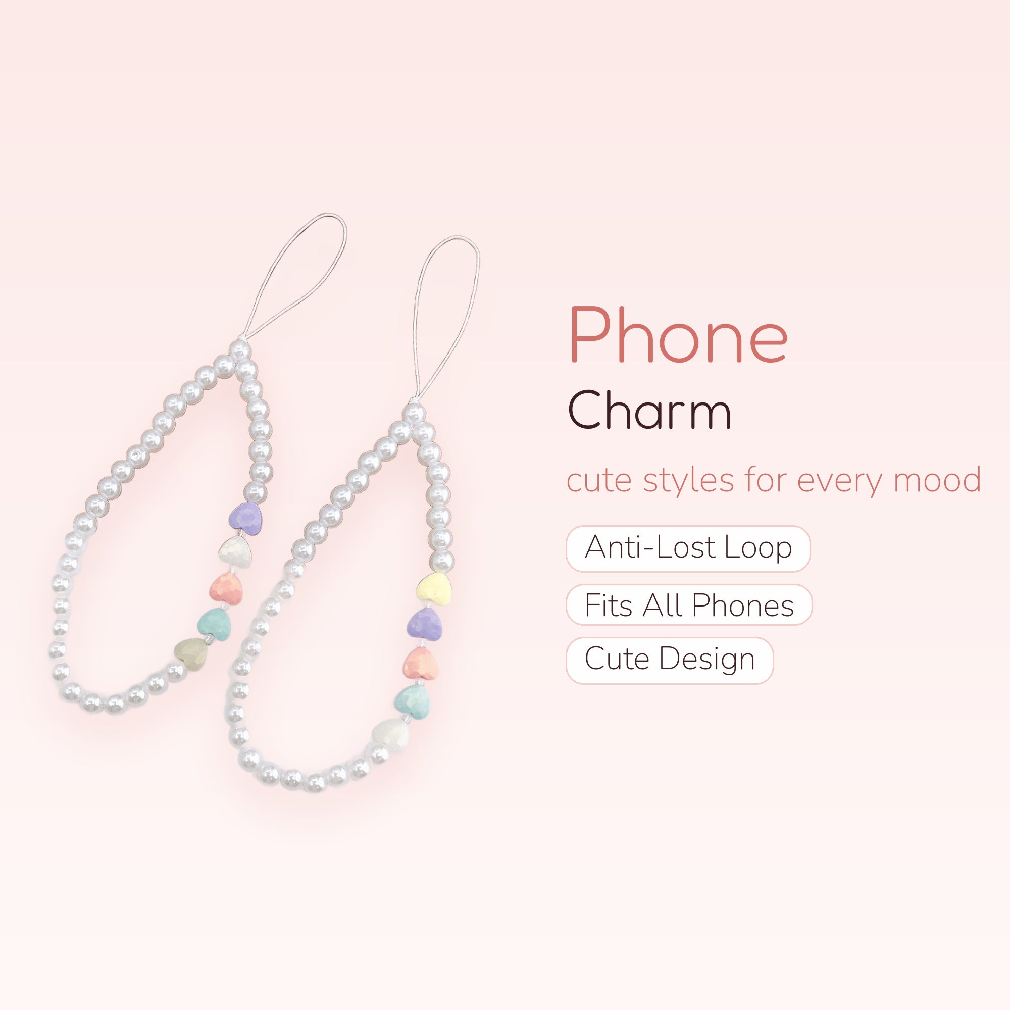 Kawaii Pearl & Pastel Heart Phone Charm Strap | Cute Beaded Wrist Lanyard