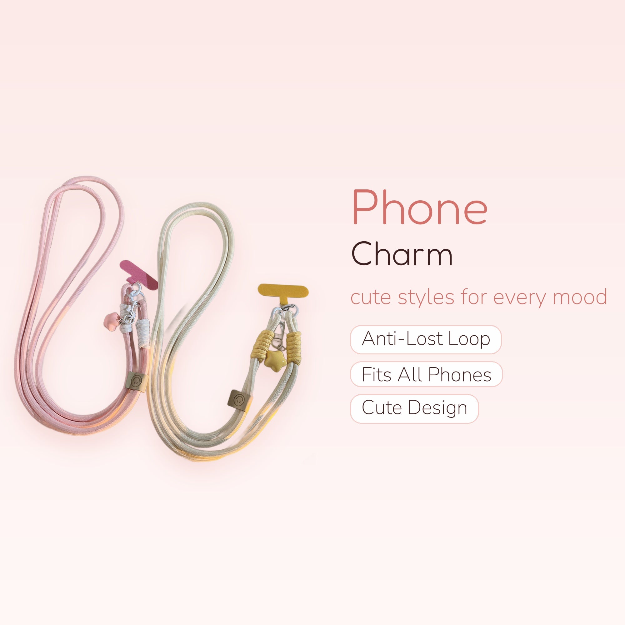 Pastel Pink & Cream Star Phone Lanyard | Cute Adjustable Crossbody Strap